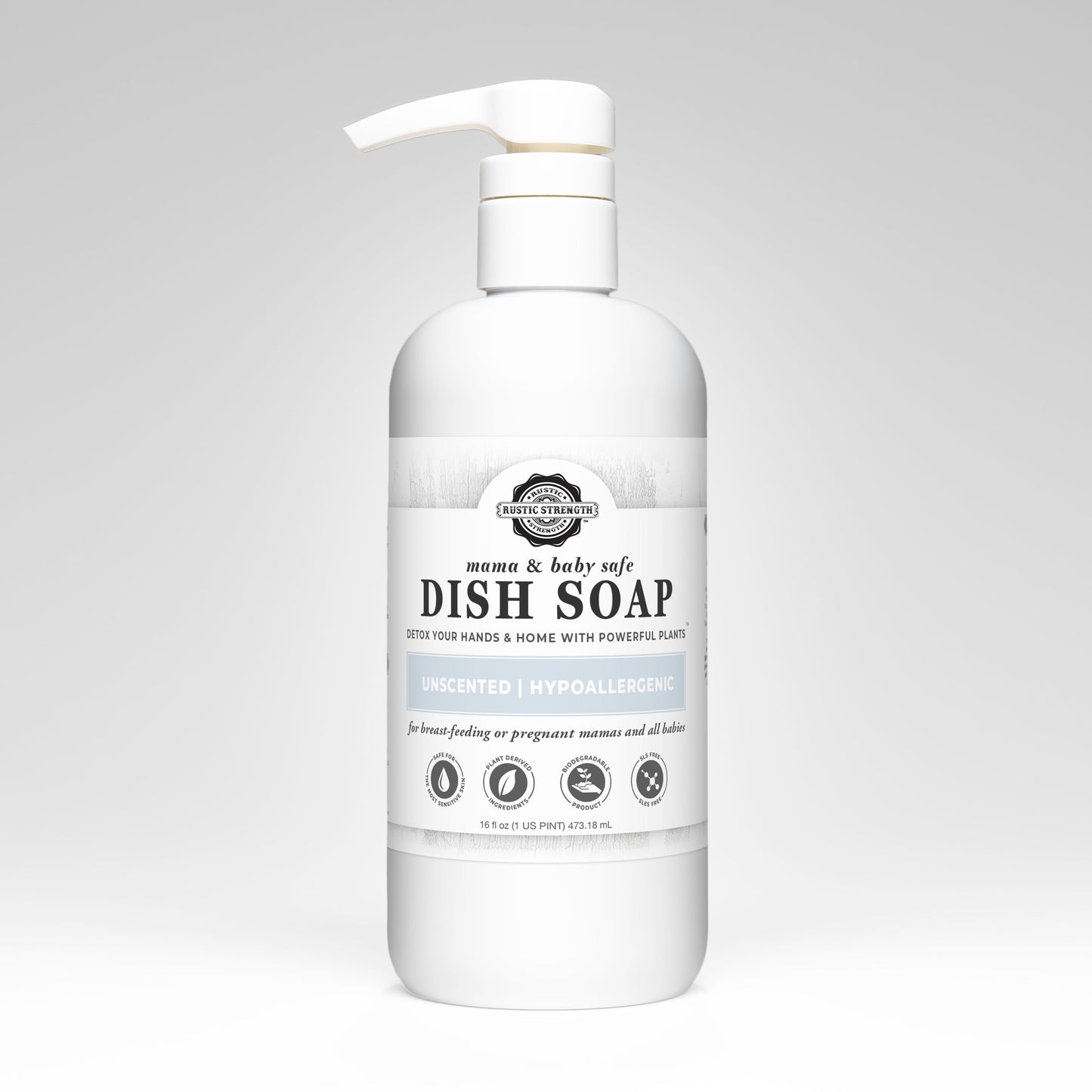 Rustic Strength dish soap in a 16 oz bottle, gentle and mama plus baby safe dish cleaning product for sensitive skin.