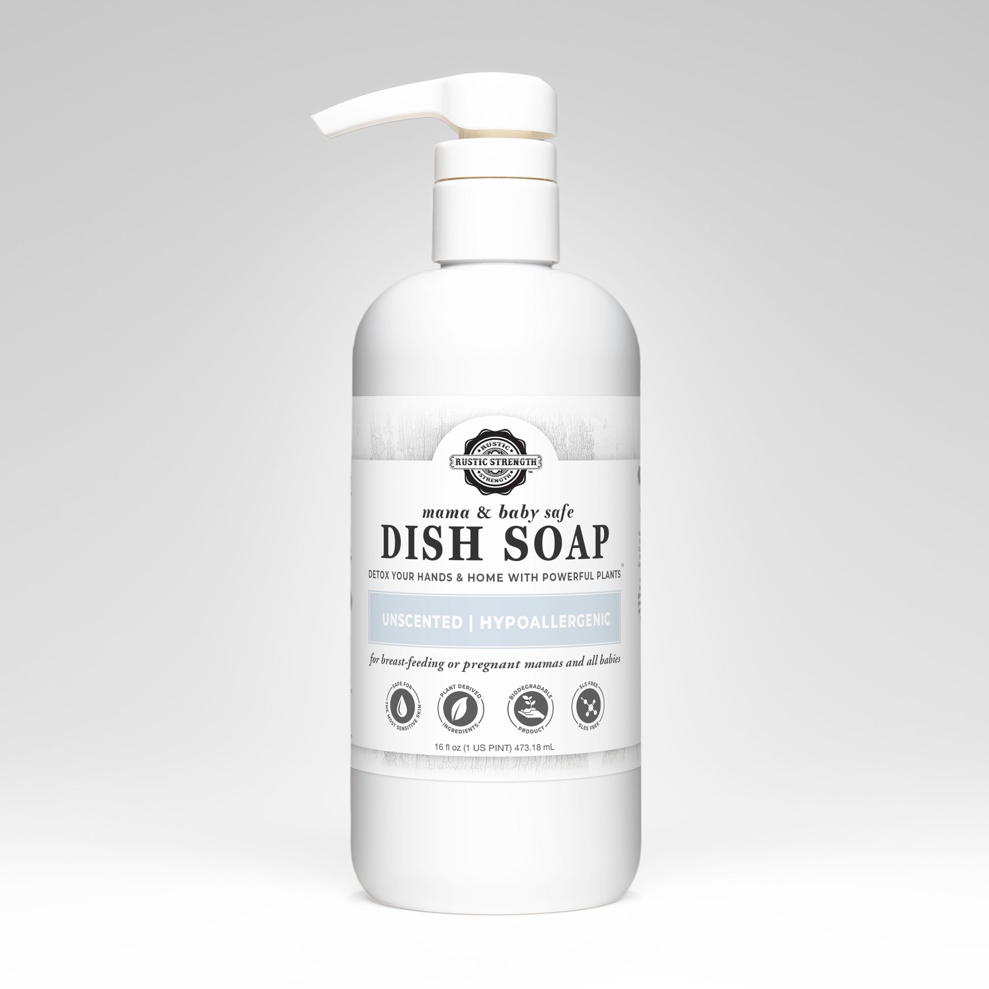 Rustic Strength dish soap in a 16 oz bottle, gentle and mama plus baby safe dish cleaning product for sensitive skin.