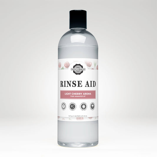 Rustic Strength Light Cherry Rinse Aid for Automatic Dishwashers in 16 oz bottle with flip-top spout for sparkling clean dishes.