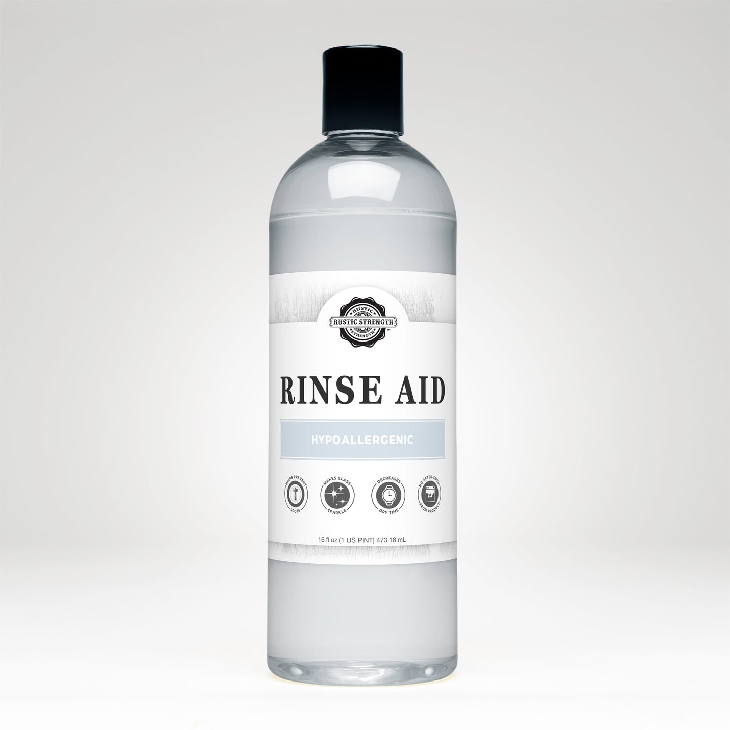 Rustic Strength unscented rinse aid for automatic dishwashers in a 16 oz bottle with flip-top spout.
