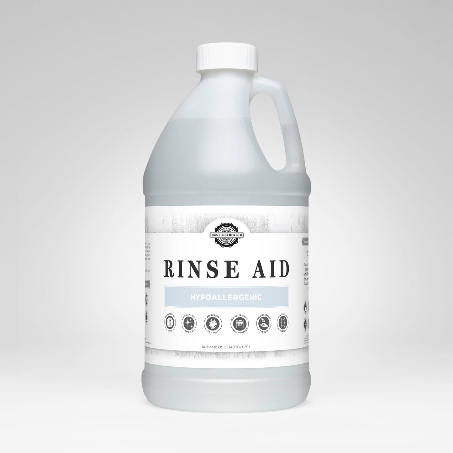 Rustic Strength unscented rinse aid for automatic dishwashers in a 16 oz bottle with flip-top spout, designed for spotless dishes.