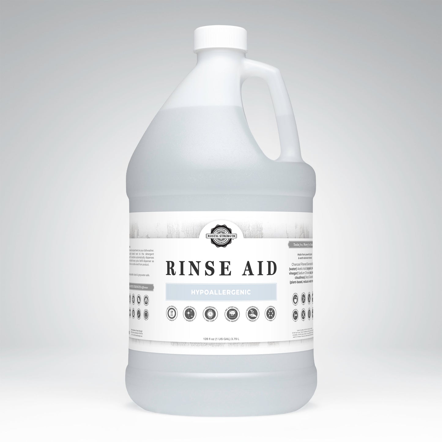 Rustic Strength unscented rinse aid for automatic dishwashers in a 16 oz bottle with flip-top spout, designed for sparkling clean dishes.