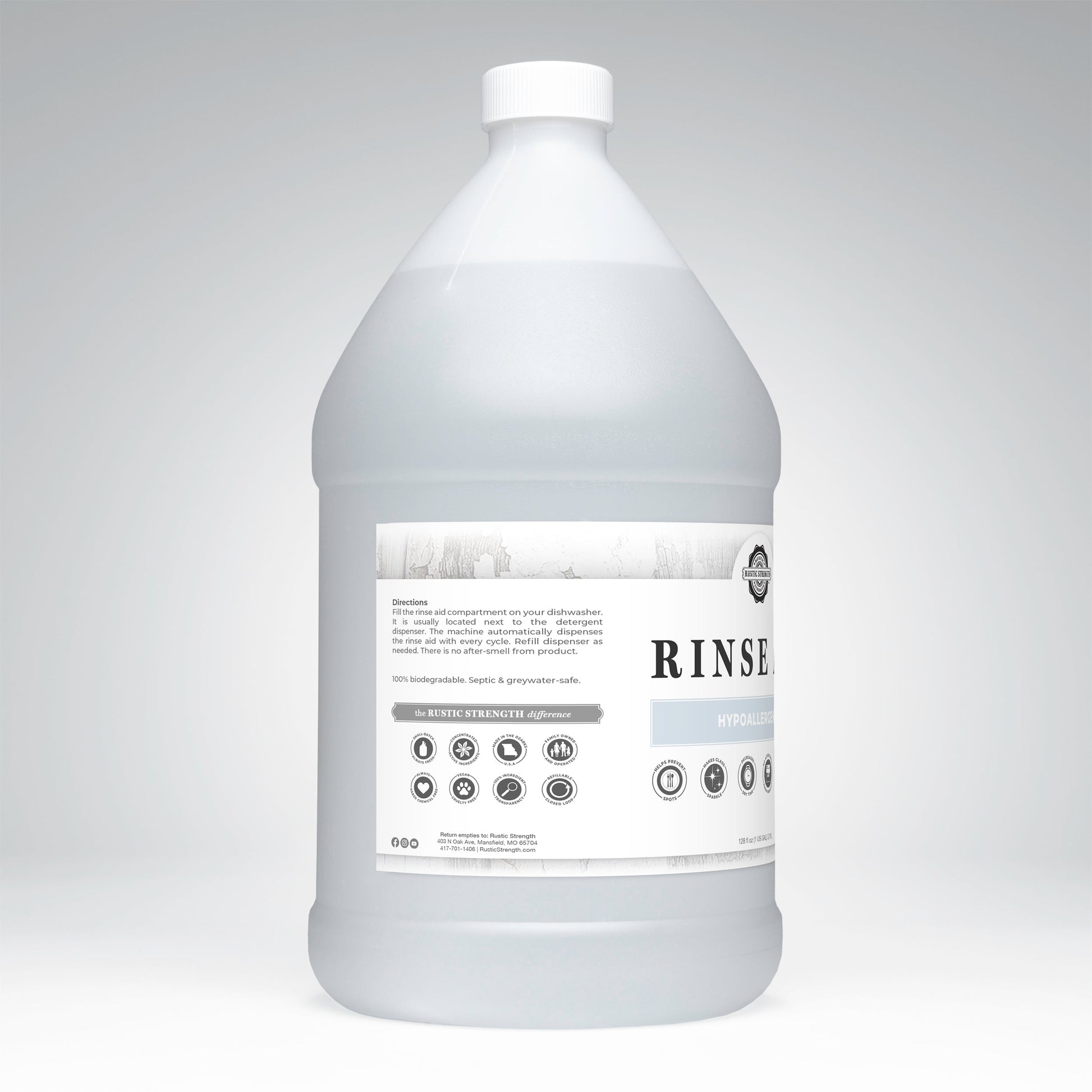 Rustic Strength unscented rinse aid for automatic dishwashers in a 16 oz bottle with flip-top spout, designed to improve dish cleaning.