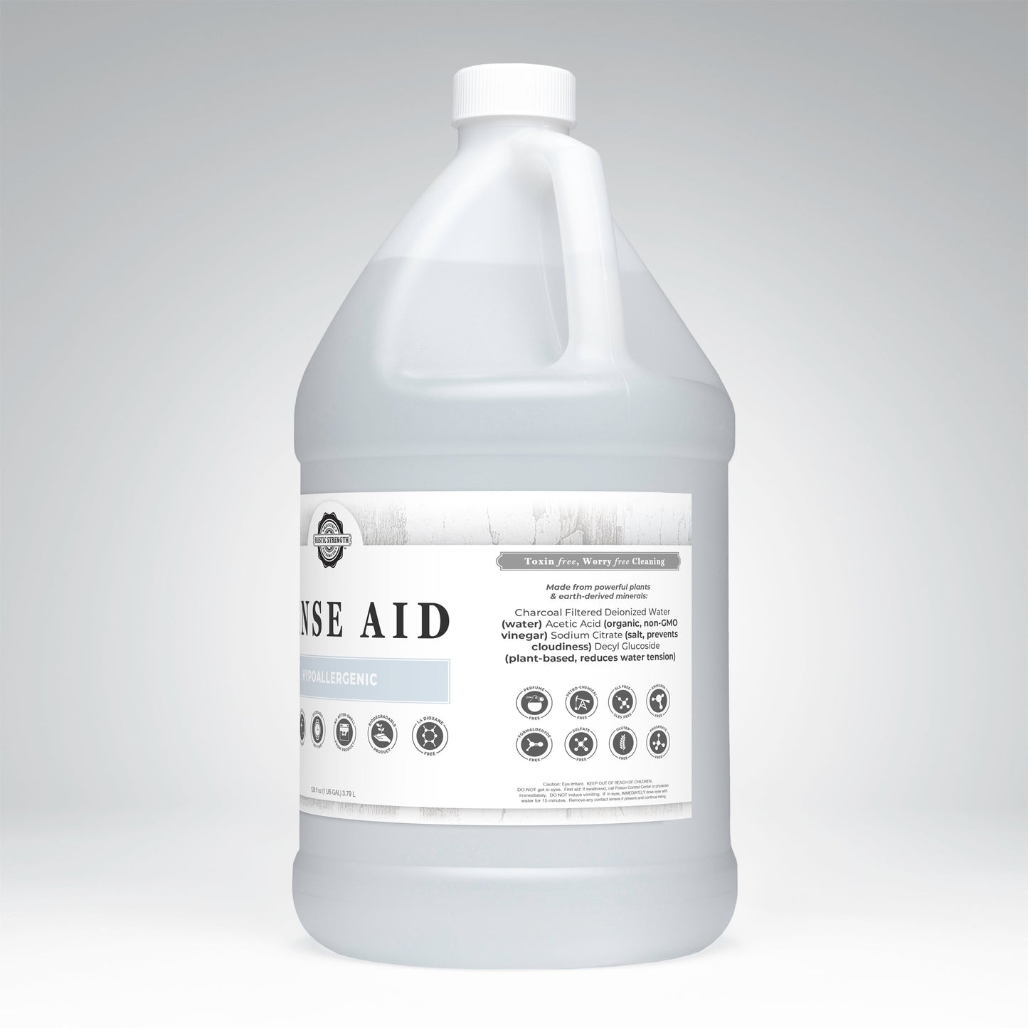Rustic Strength unscented rinse aid for automatic dishwashers in 16 oz bottle with flip-top spout, enhances cleaning and drying.