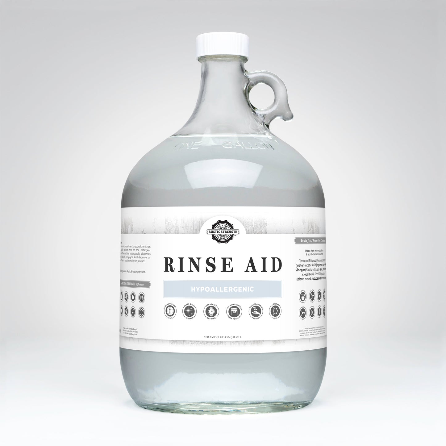 Rustic Strength unscented rinse aid for automatic dishwashers in a 16 oz bottle with flip-top spout, designed for sparkling clean dishes.