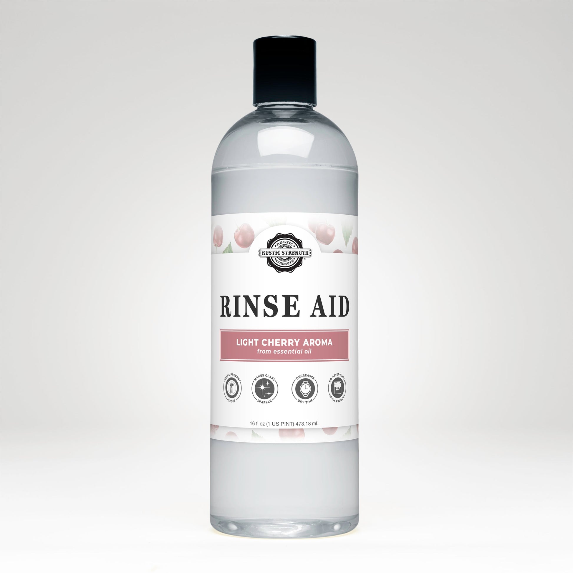 Rustic Strength Light Cherry Rinse Aid for Automatic Dishwashers in 16 oz bottle with flip-top spout for sparkling clean dishes.