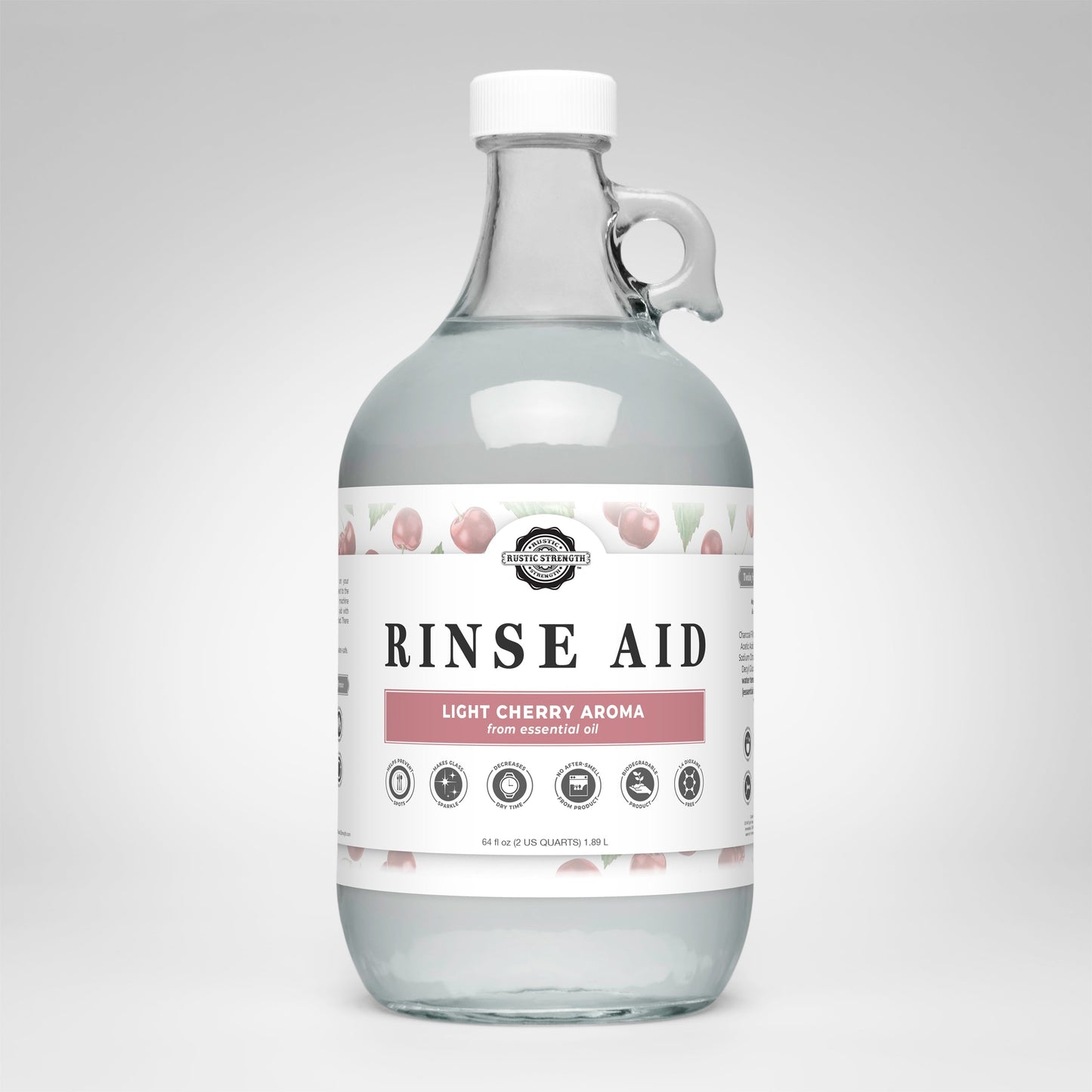 Rustic Strength rinse aid for dishwashers in light cherry, 16 oz bottle with flip-top spout for automatic dishwasher cleaning.
