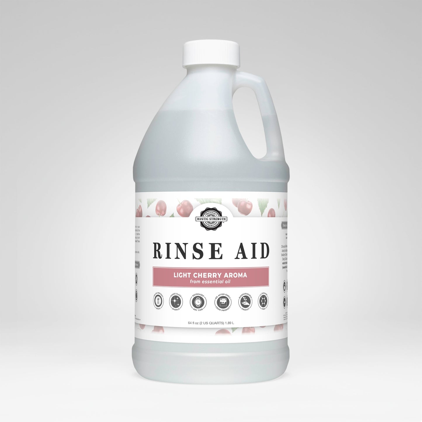 Rustic Strength Light Cherry Rinse Aid for automatic dishwashers in a 16 oz bottle with flip-top spout.