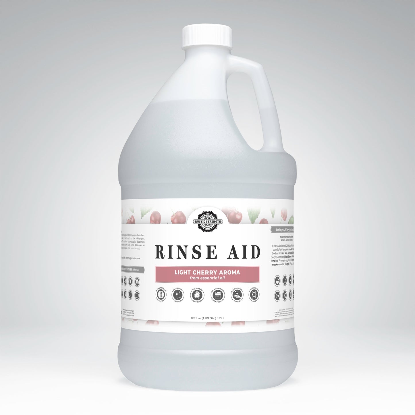 Rustic Strength light cherry rinse aid for automatic dishwashers, 16 oz bottle with flip-top spout, enhances dish cleaning.