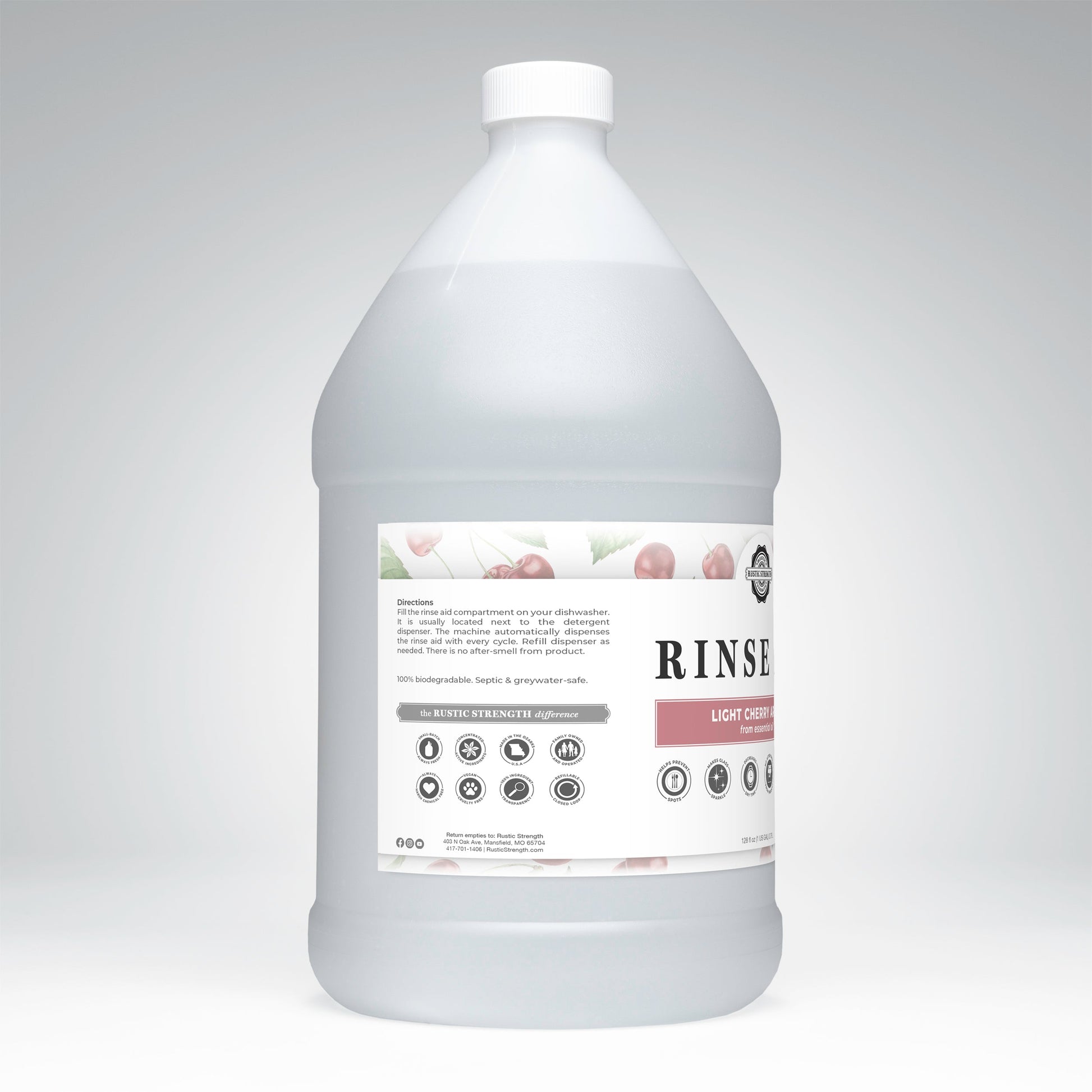 Rustic Strength light cherry rinse aid for automatic dishwashers, 16 oz bottle with flip-top spout, enhances dish cleaning and drying.
