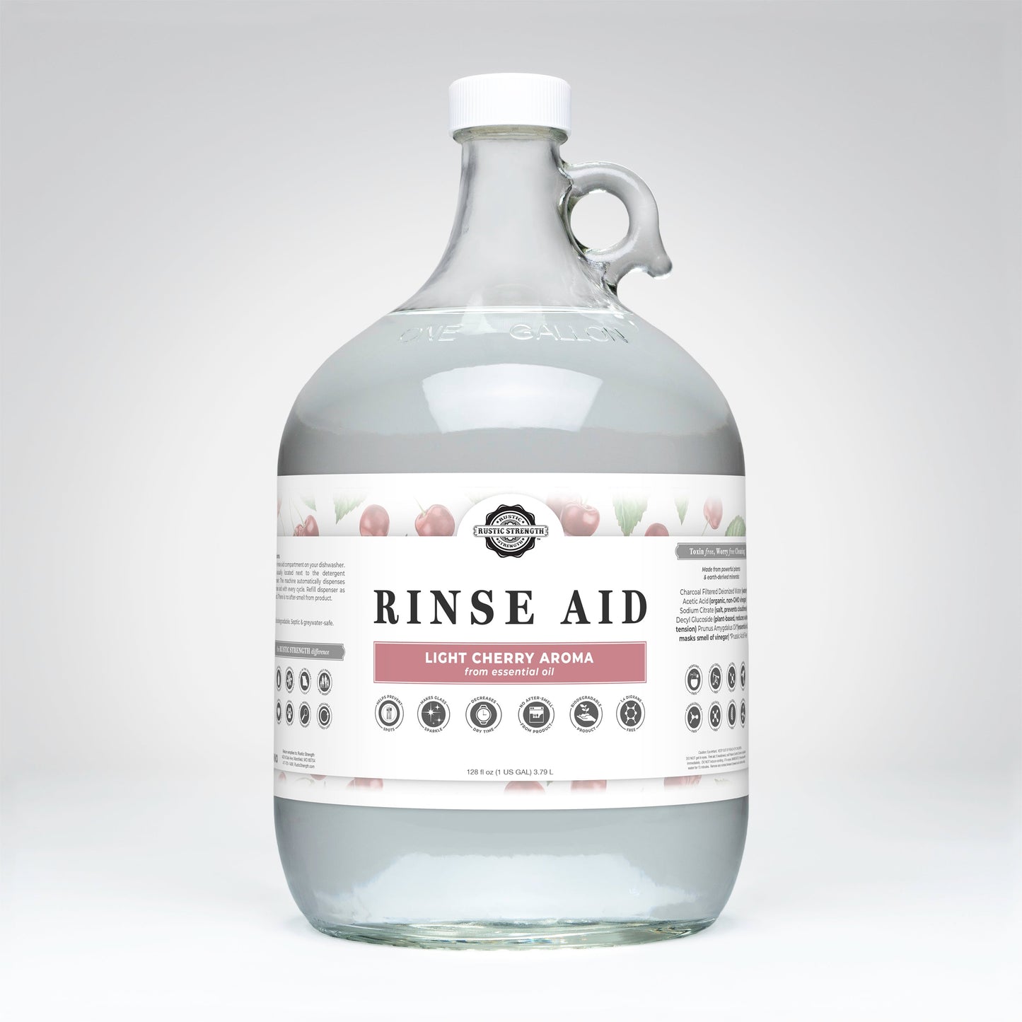 Rustic Strength Light Cherry Rinse Aid for automatic dishwashers in 16 oz bottle with flip-top spout, enhances dish cleanliness.