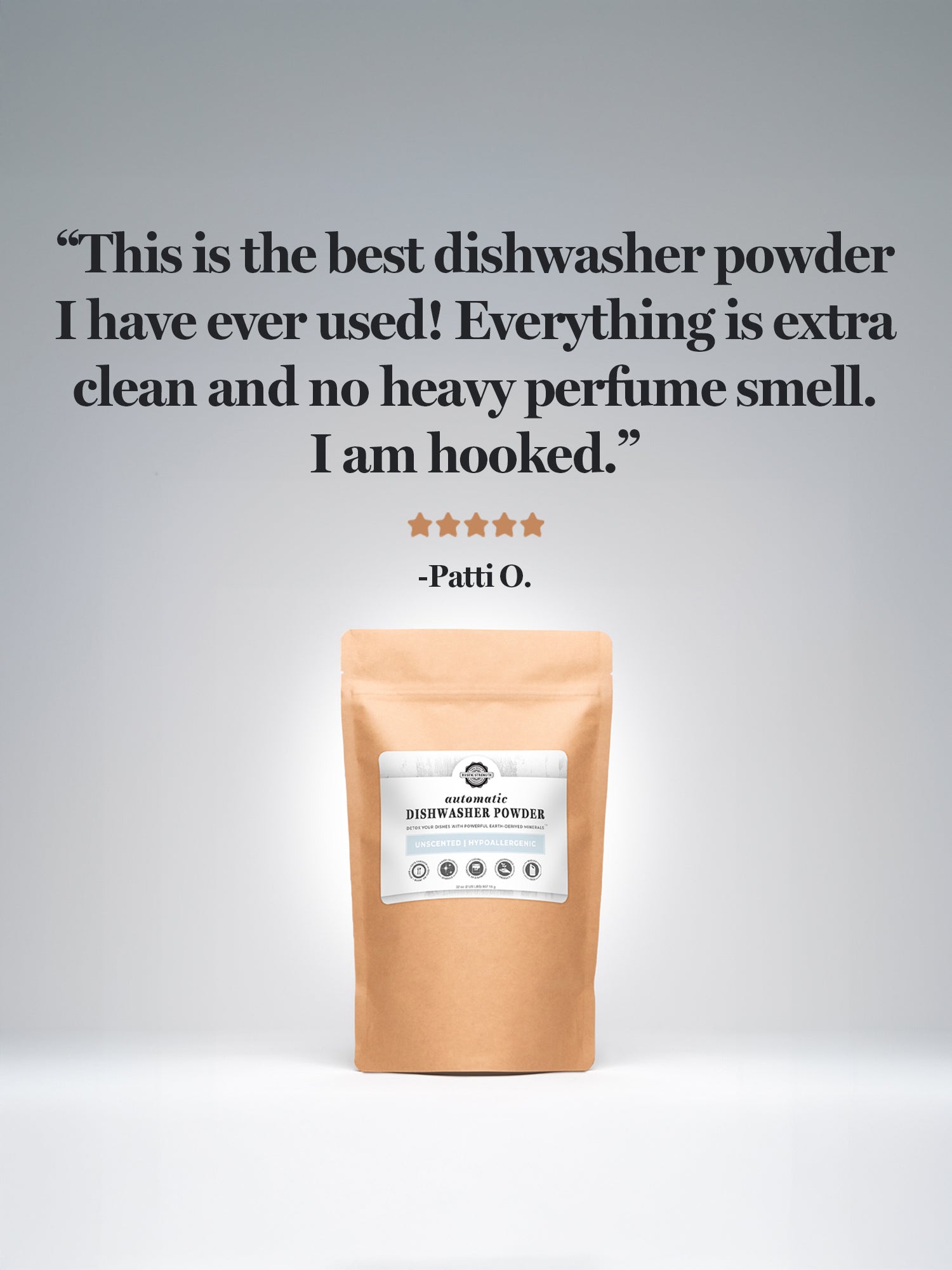 Rustic Strength automatic dishwasher powder in a 2 lb container, designed for cleaning dishes effectively with dish soap formulation.