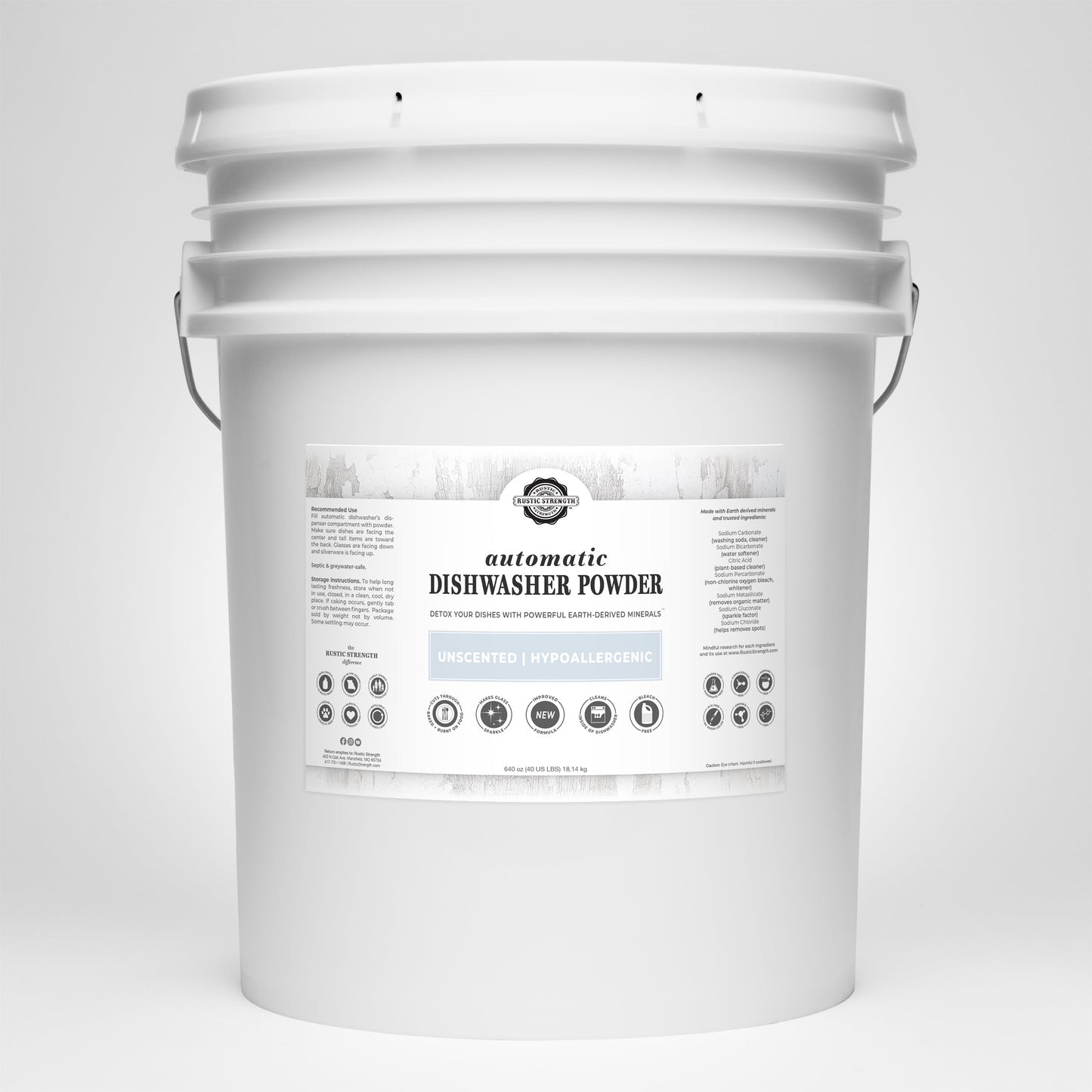 Rustic Strength automatic dishwasher powder, 2 lb dish soap for cleaning dishes in an image showing the product packaging.