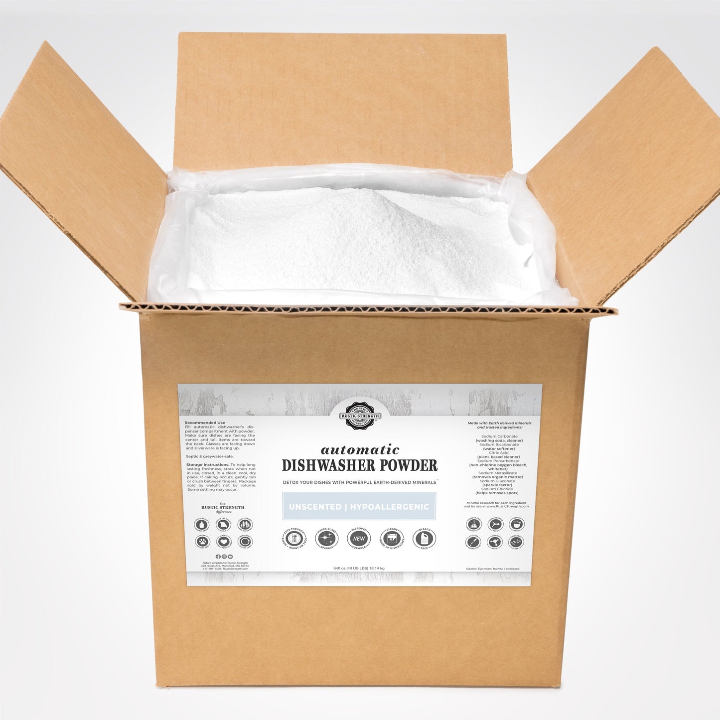 Rustic Strength automatic dishwasher powder in a 2 lb bag, designed for effective cleaning of dishes and cookware.