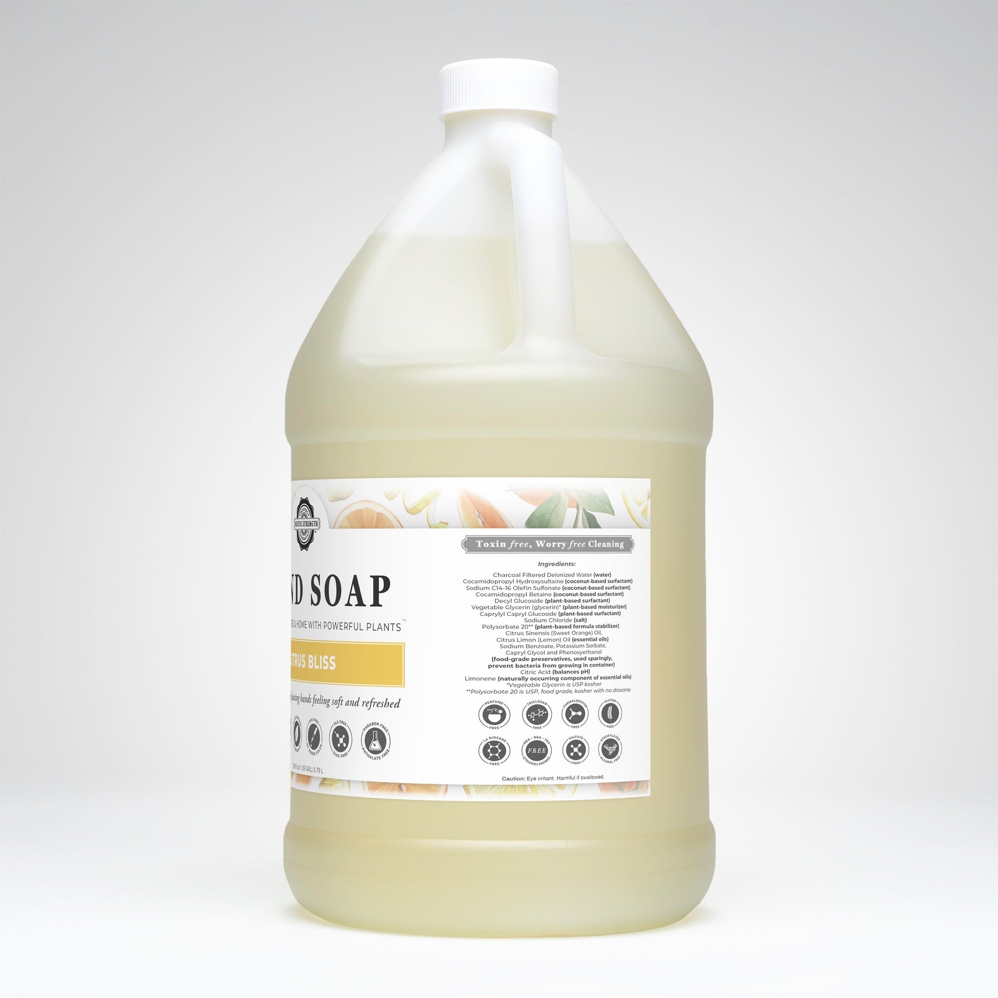 A large, clear plastic gallon jug of Rustic Strength Hand Soap | Citrus Bliss with a white cap. The label shows floral graphics, product details, and text reading Hand Soap | Citrus Bliss. The background is plain white.