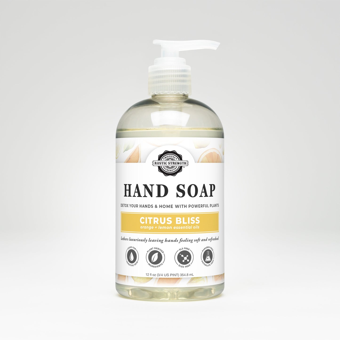 Rustic Strength Hand Soap | Citrus Bliss comes in a clear plastic pump bottle with a white minimalist label, featuring orange and lemon essential oils and a biodegradable formula.
