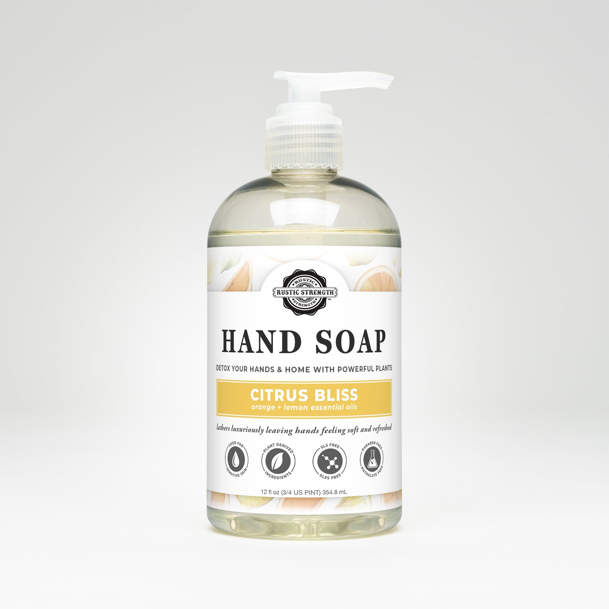 Rustic Strength Hand Soap | Citrus Bliss comes in a clear plastic pump bottle with a white minimalist label, featuring orange and lemon essential oils and a biodegradable formula.