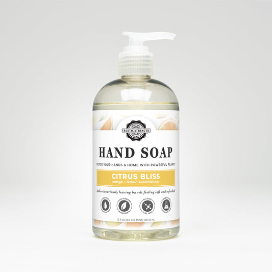 Rustic Strength Hand Soap | Citrus Bliss comes in a clear plastic pump bottle with a white minimalist label, featuring orange and lemon essential oils and a biodegradable formula.
