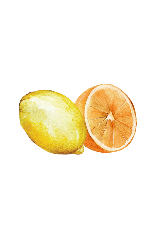 Watercolor illustration of a yellow lemon and a halved pink grapefruit on black, inspired by Rustic Strength’s Hand Soap | Citrus Bliss.