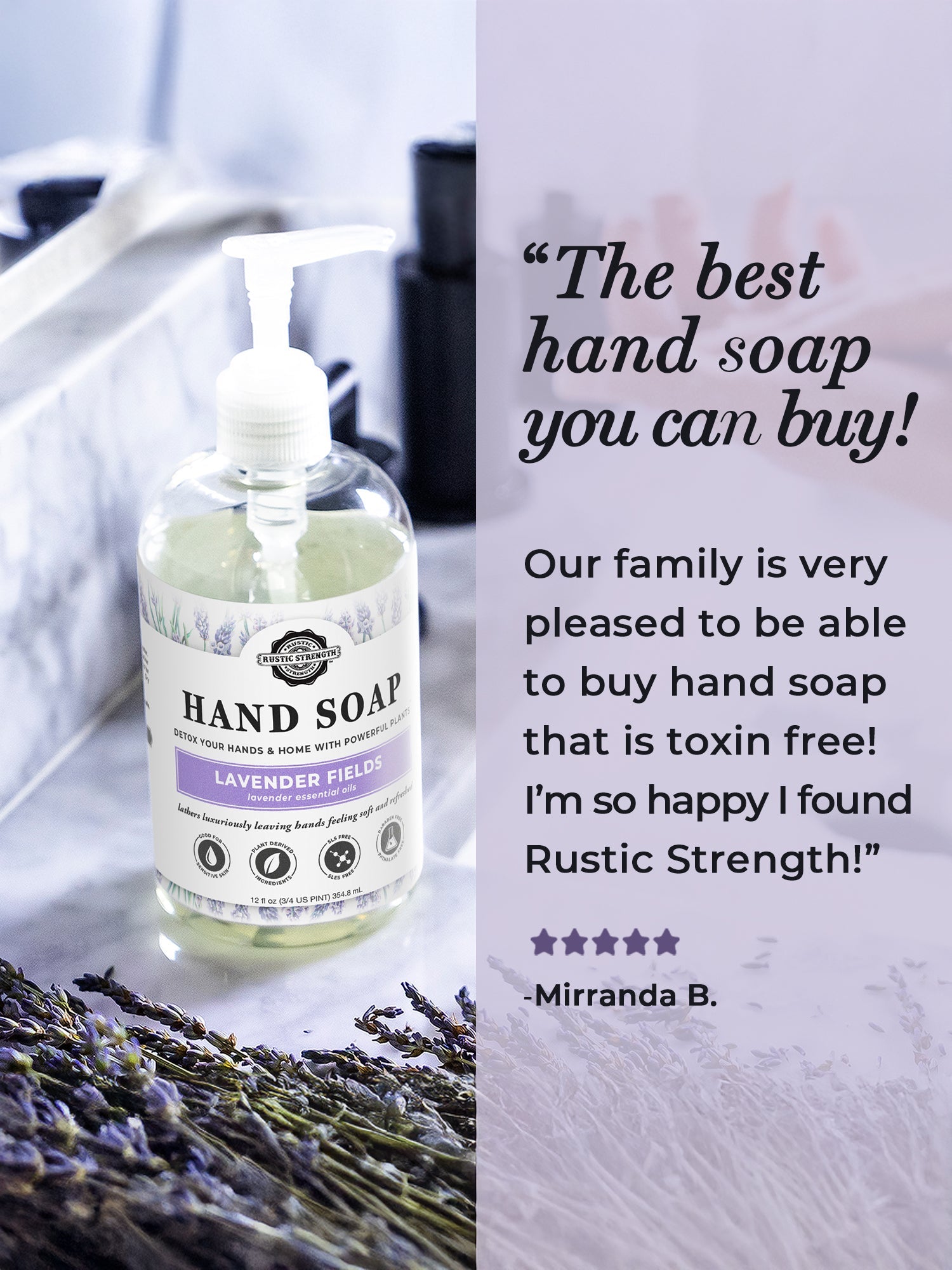 Rustic Strength Lavender Fields hand soap in a 16 oz pump bottle with a lavender scent and floral label design.