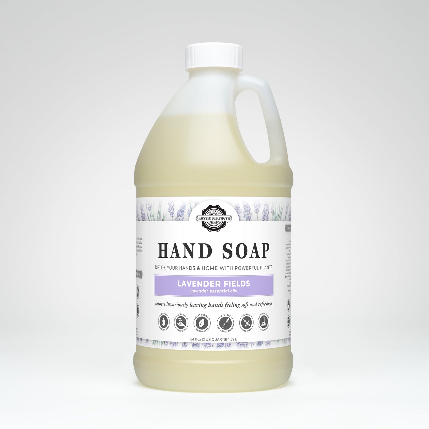 Rustic Strength Lavender Fields hand soap in a 16 oz bottle, featuring a lavender scent and floral design.