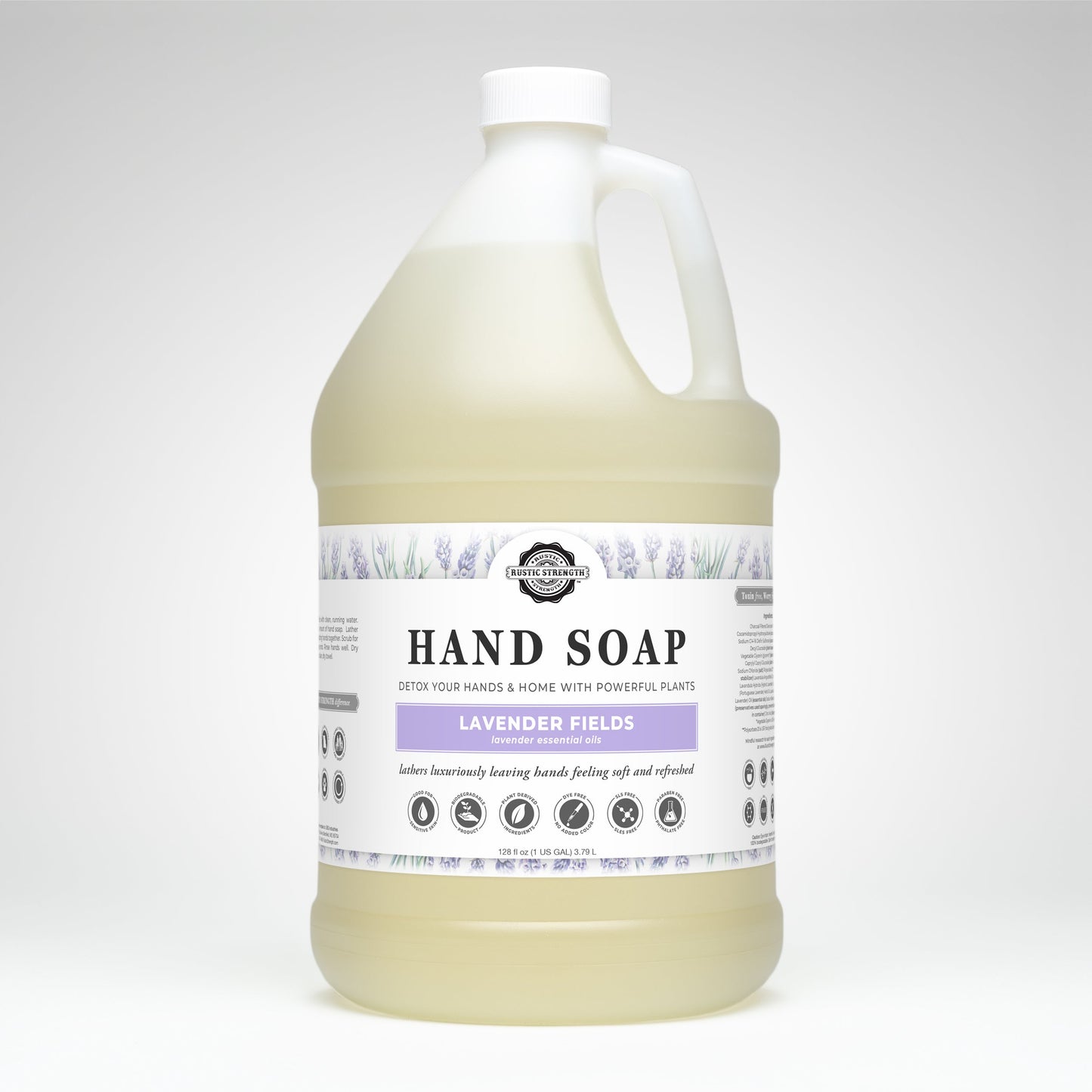 Rustic Strength Lavender Fields hand soap in a 16 oz bottle with a lavender-scented label and floral design.