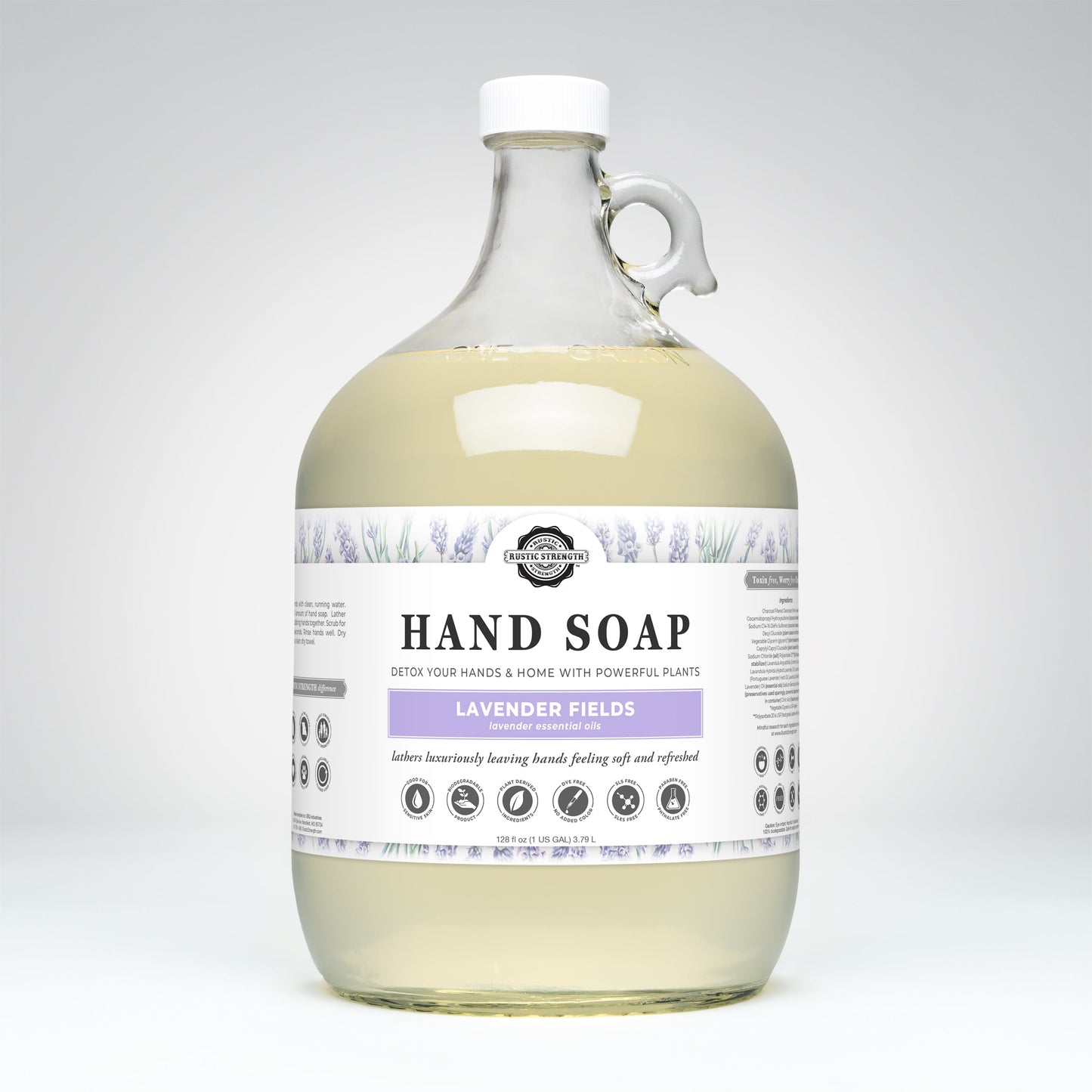 Rustic Strength Lavender Fields Hand Soap in a 16 oz pump bottle, featuring a lavender scent and floral label design.