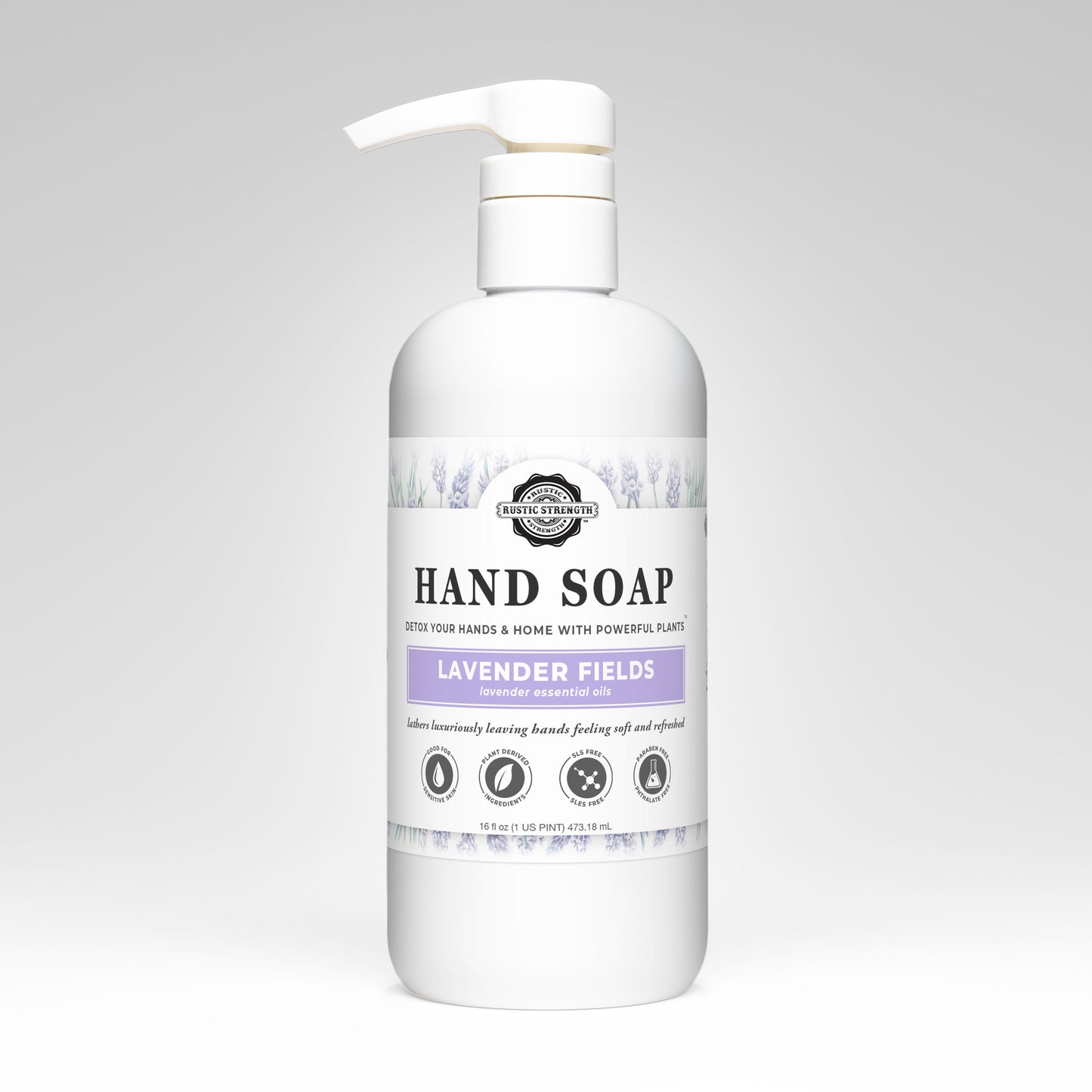Rustic Strength Lavender Fields hand soap in a 16 oz pump bottle with lavender floral design and clear liquid soap visible.