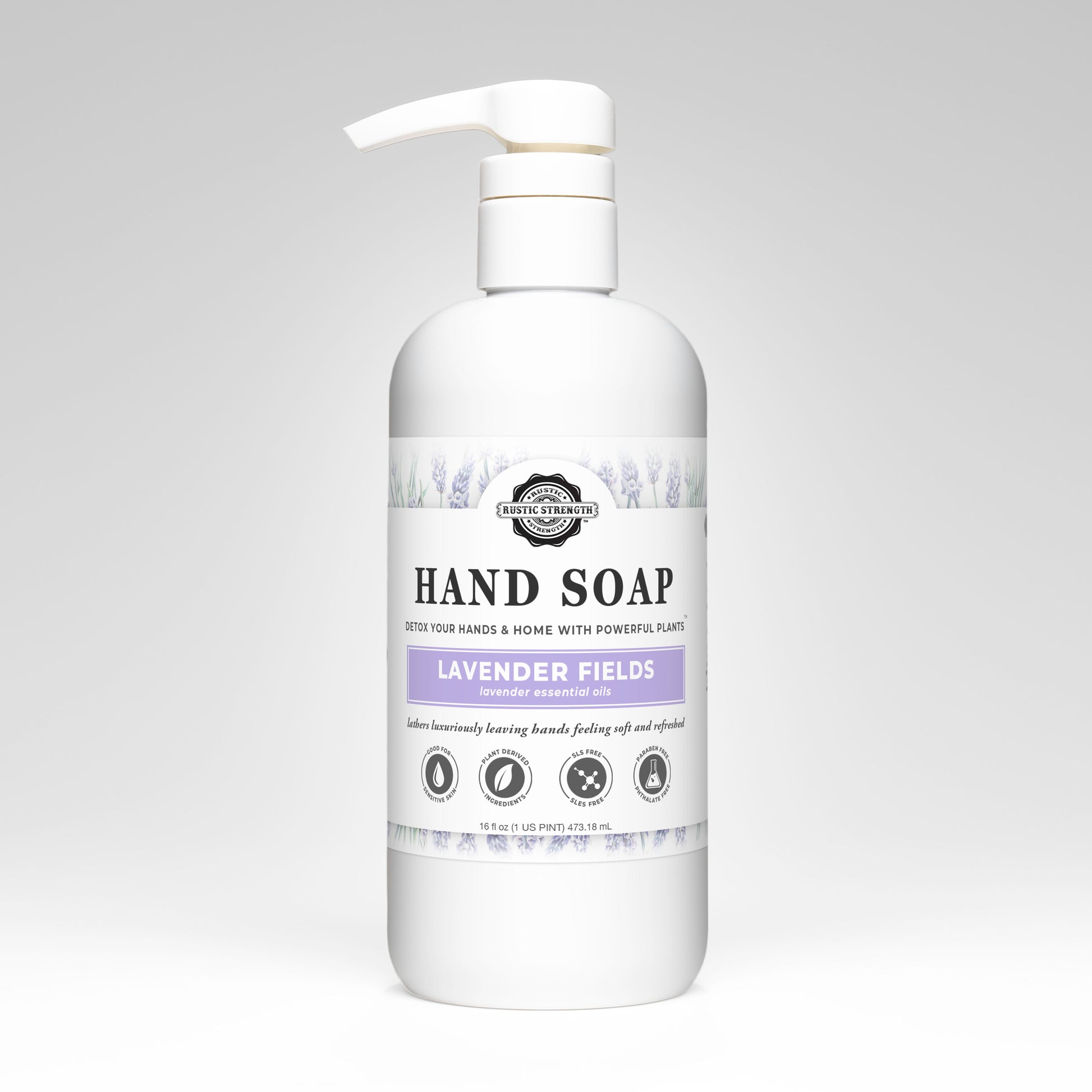 Rustic Strength Lavender Fields hand soap in a 16 oz pump bottle with lavender floral design and clear liquid soap visible.