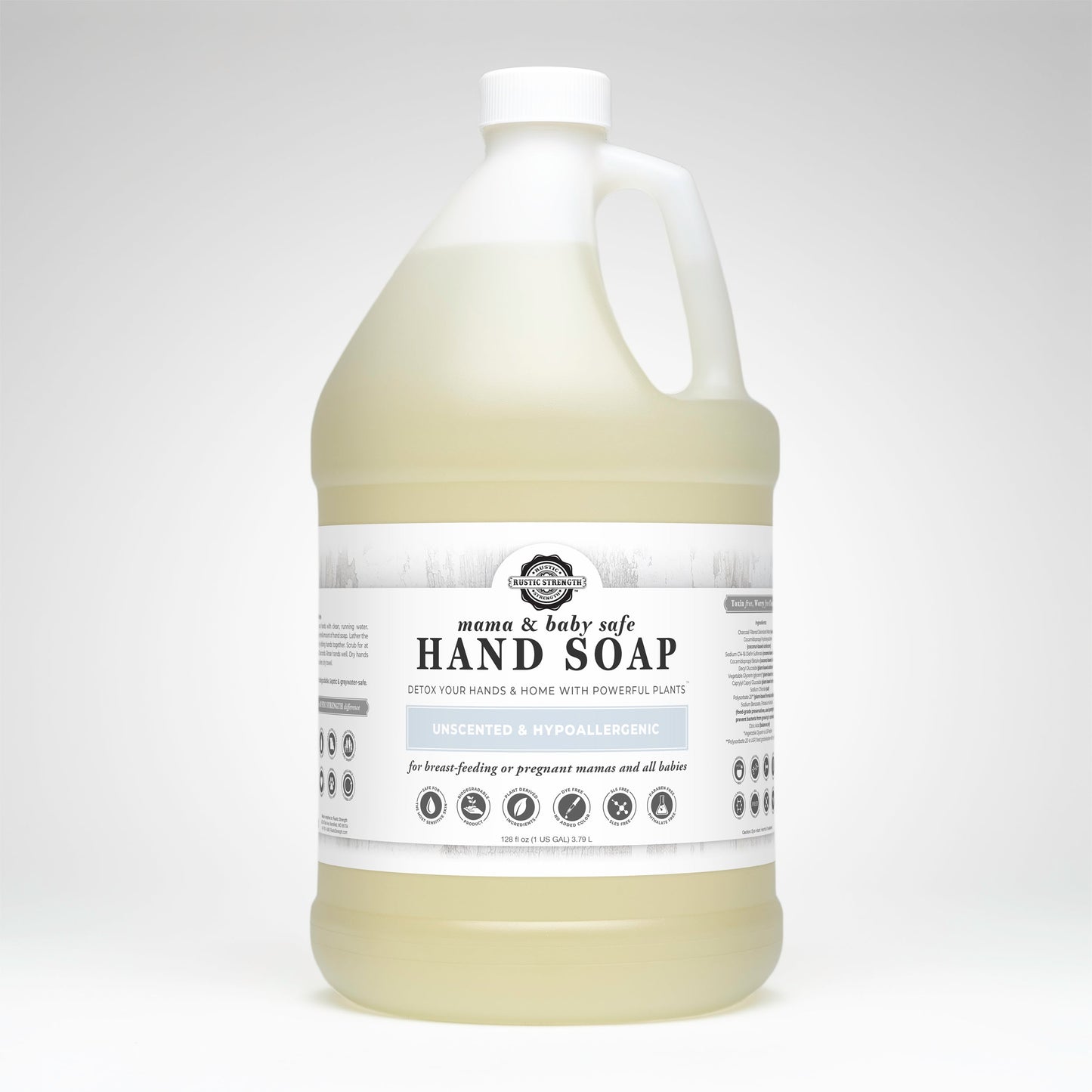 A large, clear plastic jug of Rustic Strength Hand Soap | Mama + Baby Safe with a handle and white cap. This hypoallergenic, unscented hand soap has a white label and is safe for breastfeeding or pregnant women and children.