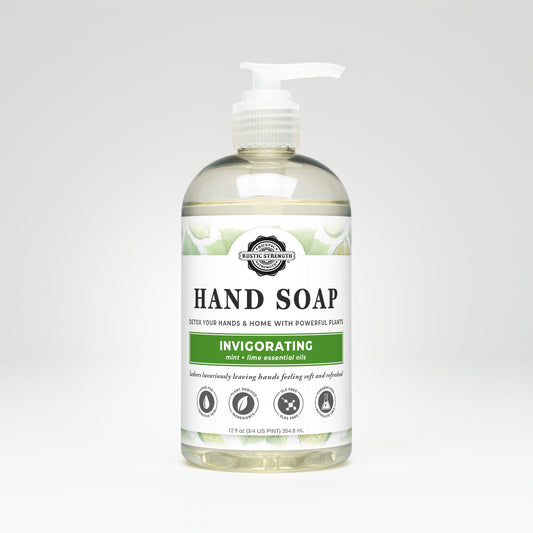 Rustic Strength Invigorating Hand Soap in a 16 oz bottle, featuring a fresh, revitalizing scent and clear packaging.