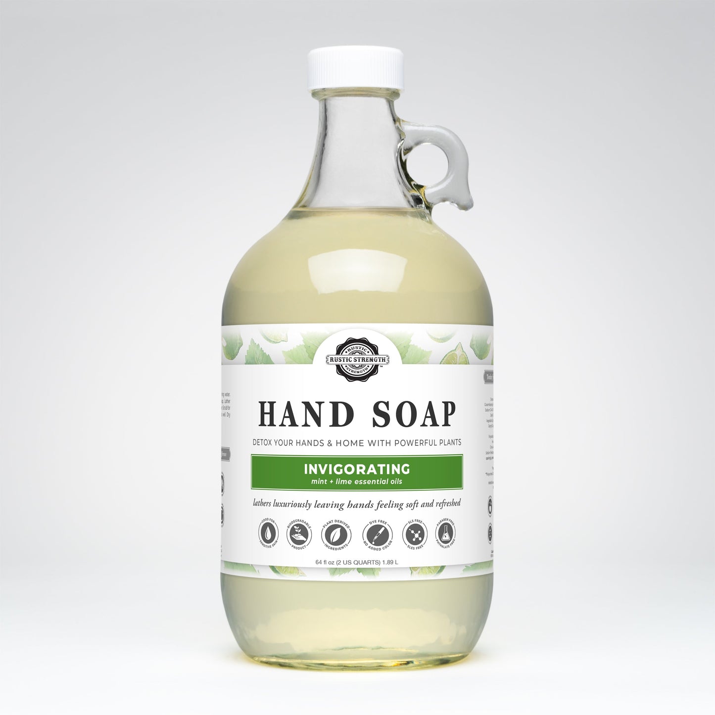 Rustic Strength invigorating hand soap in a 16 oz bottle, with a clear label and a pump dispenser, ready for handwashing.