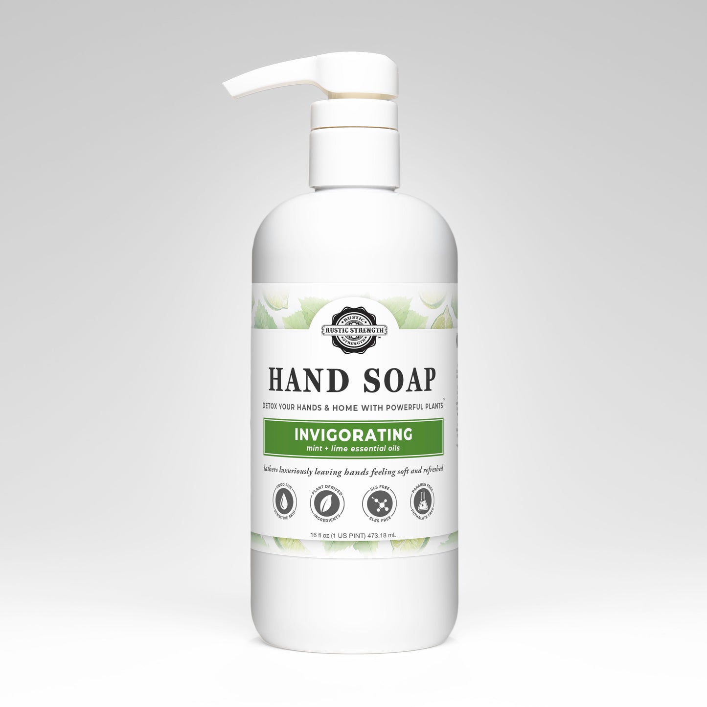 Rustic Strength invigorating hand soap in a 16 oz pump bottle, featuring natural ingredients and fresh citrus scent.