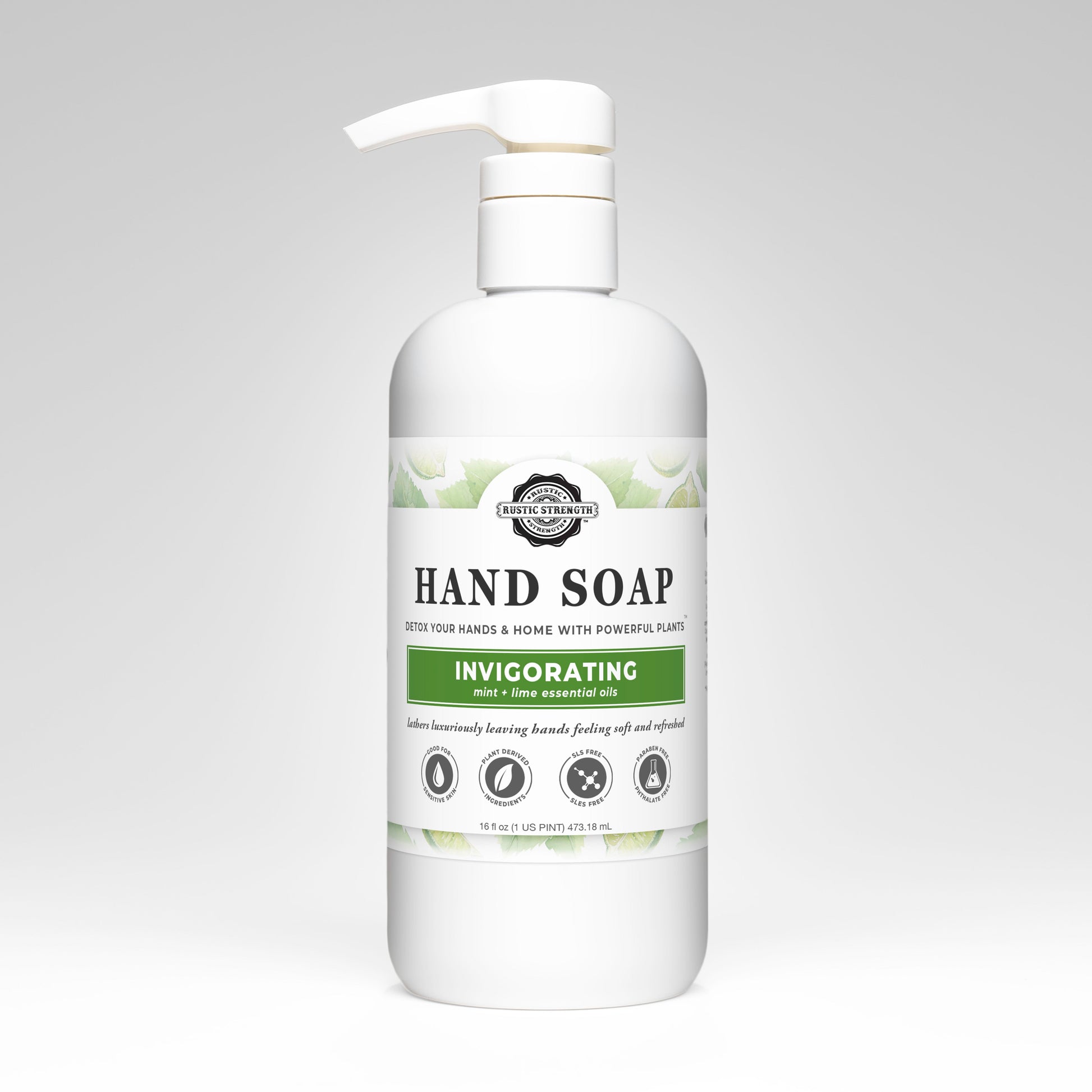 Rustic Strength invigorating hand soap in a 16 oz pump bottle, featuring natural ingredients and fresh citrus scent.