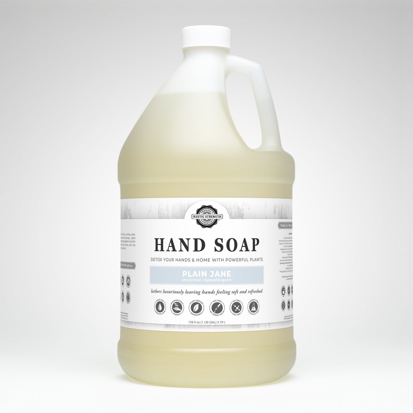 Rustic Strength Plain Jane Hand Soap in a 16 oz pump bottle, featuring a simple, clean design and gentle cleansing formula.