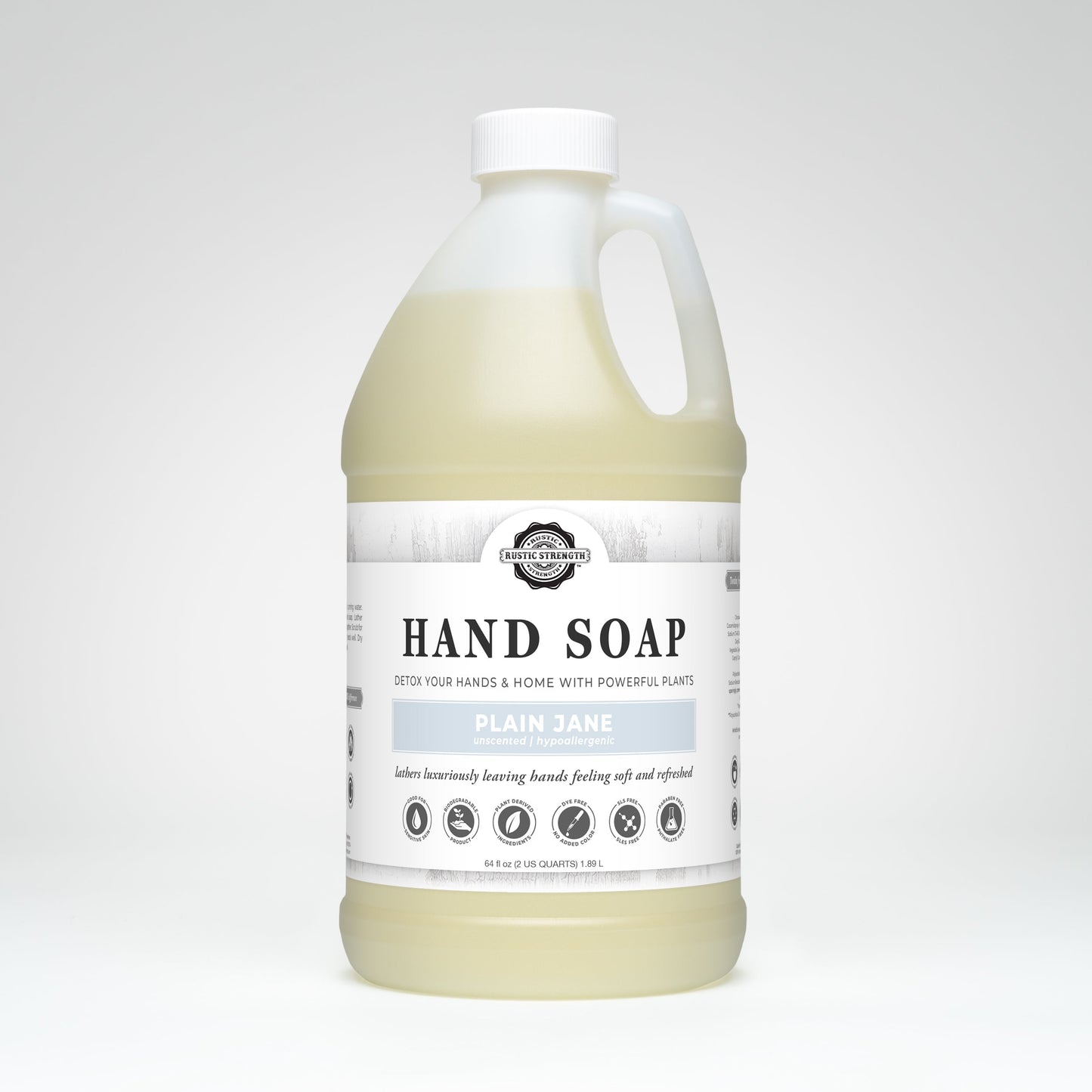 Rustic Strength Plain Jane hand soap in a 16 oz pump bottle, featuring a simple, natural design with clear liquid soap inside.