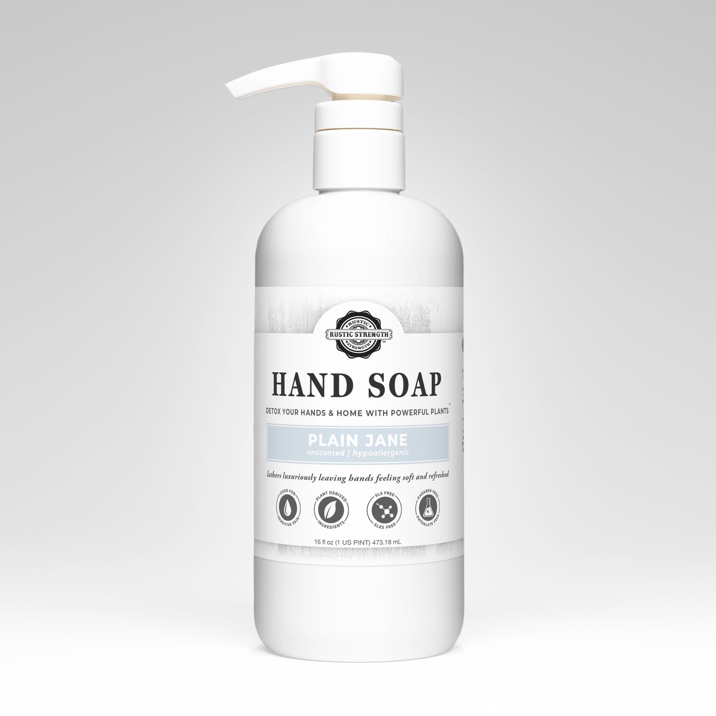 Rustic Strength Plain Jane hand soap in a 16 oz bottle with simple, natural packaging, perfect for everyday handwashing.