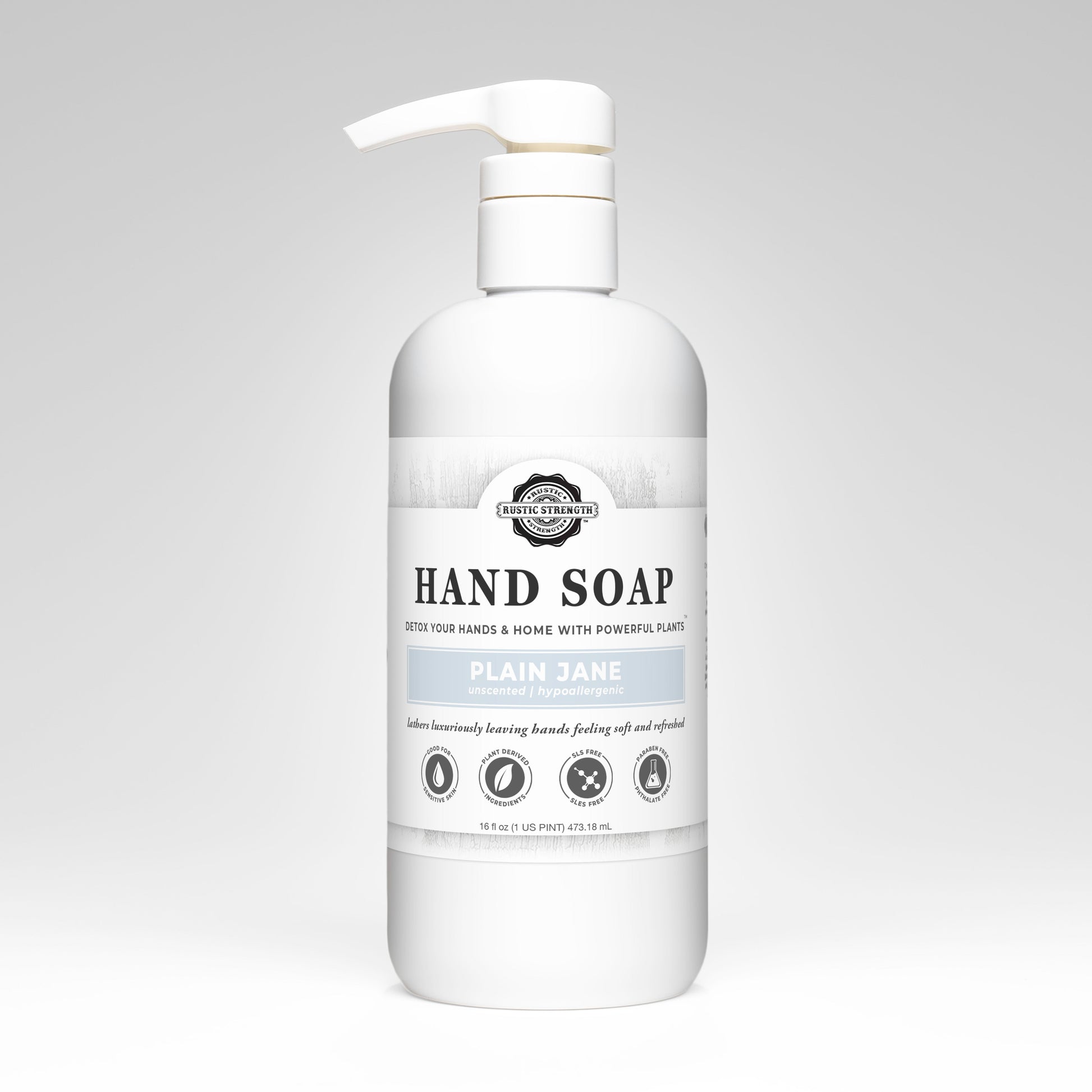 Rustic Strength Plain Jane hand soap in a 16 oz bottle with simple, natural packaging, perfect for everyday handwashing.