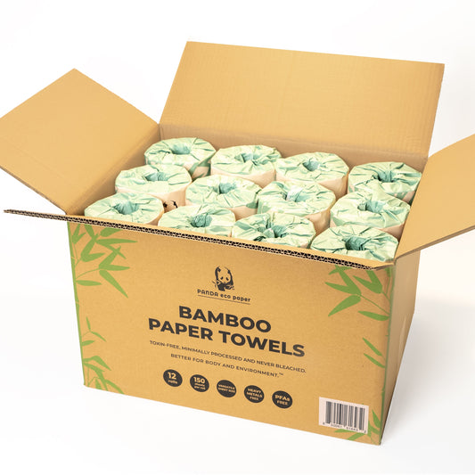 Rustic Strength Panda Eco Paper bamboo paper towels, 12-roll pack, eco-friendly household paper towels for cleaning and kitchen use.