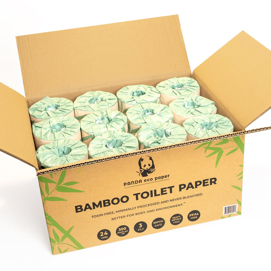 Rustic Strength Panda Eco Paper bamboo toilet paper rolls, eco-friendly and soft for home bathroom use.