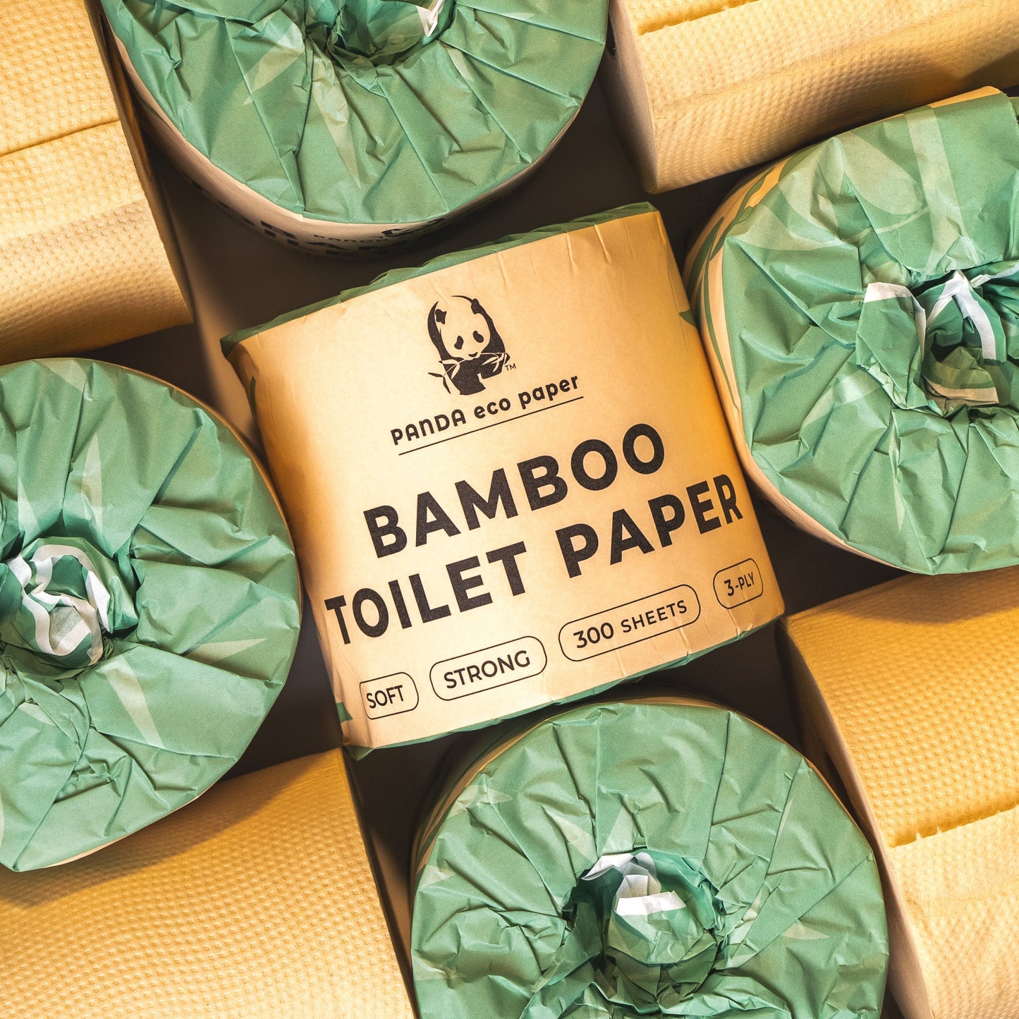 Rustic Strength Panda Eco Paper bamboo toilet paper rolls, soft and eco-friendly for sustainable home bathroom use.