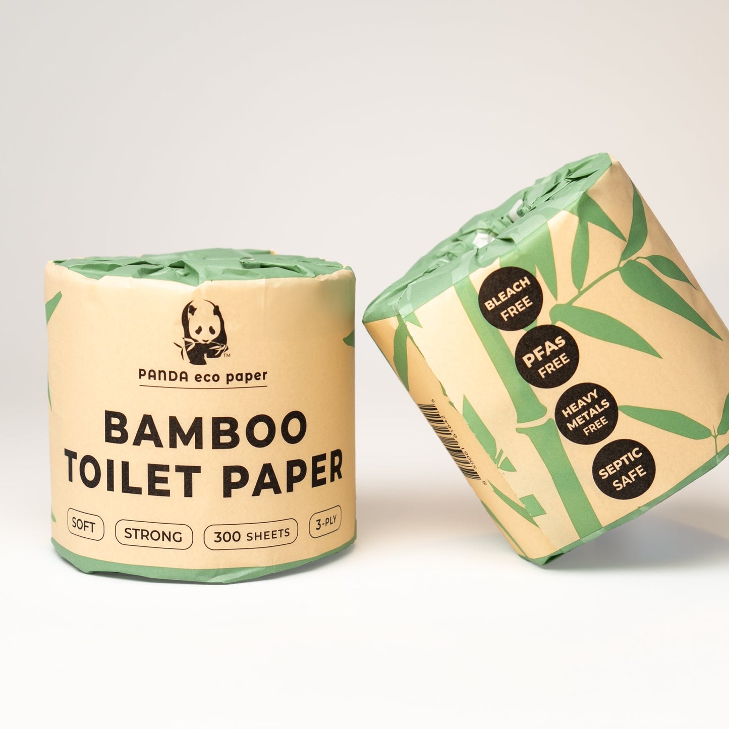 Rustic Strength Panda Eco Paper bamboo toilet paper, 24 rolls, soft and eco-friendly for sustainable home bathroom use.