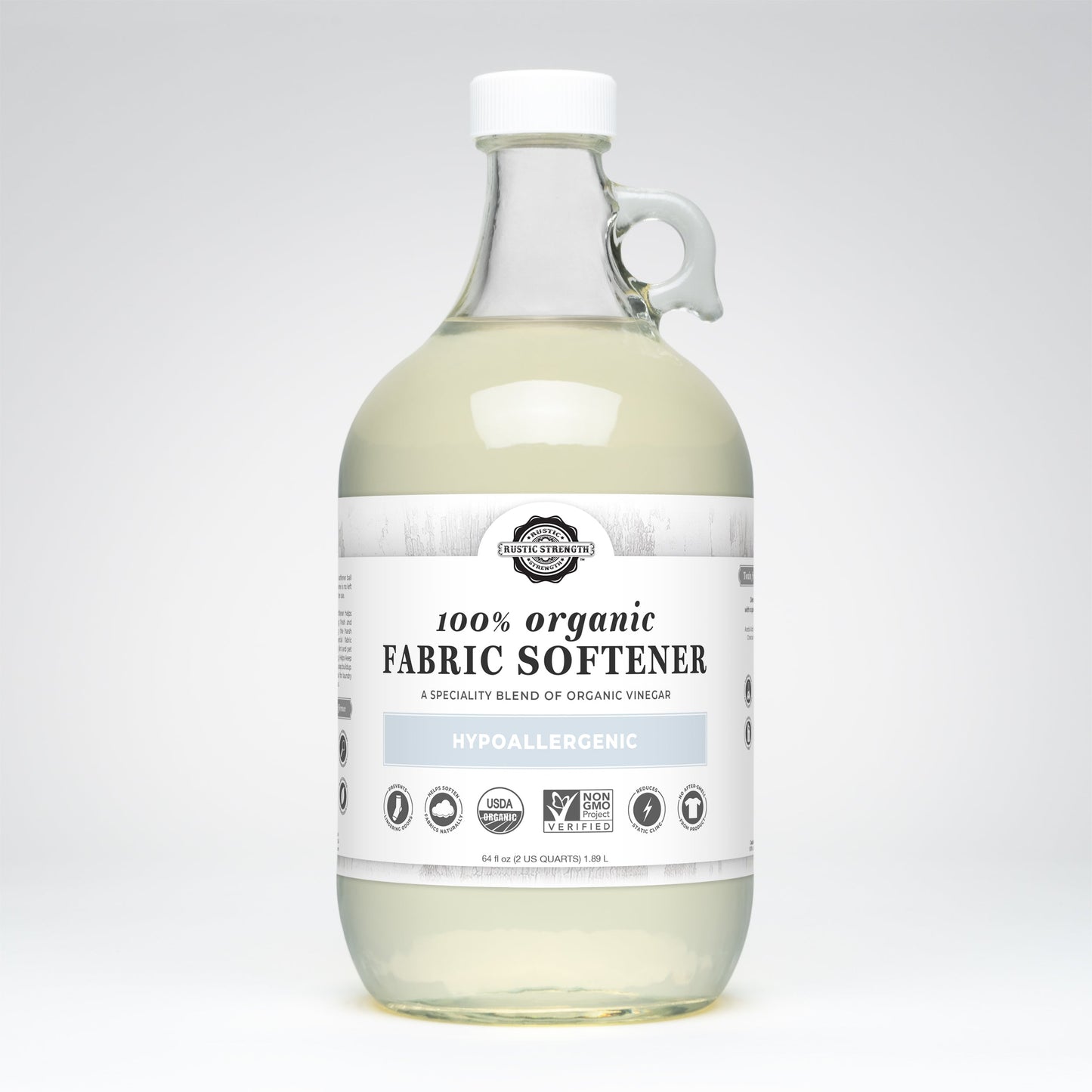Rustic Strength Organic Fabric Softener in 24 oz glass bottle, laundry softener with natural, eco-friendly formulation.