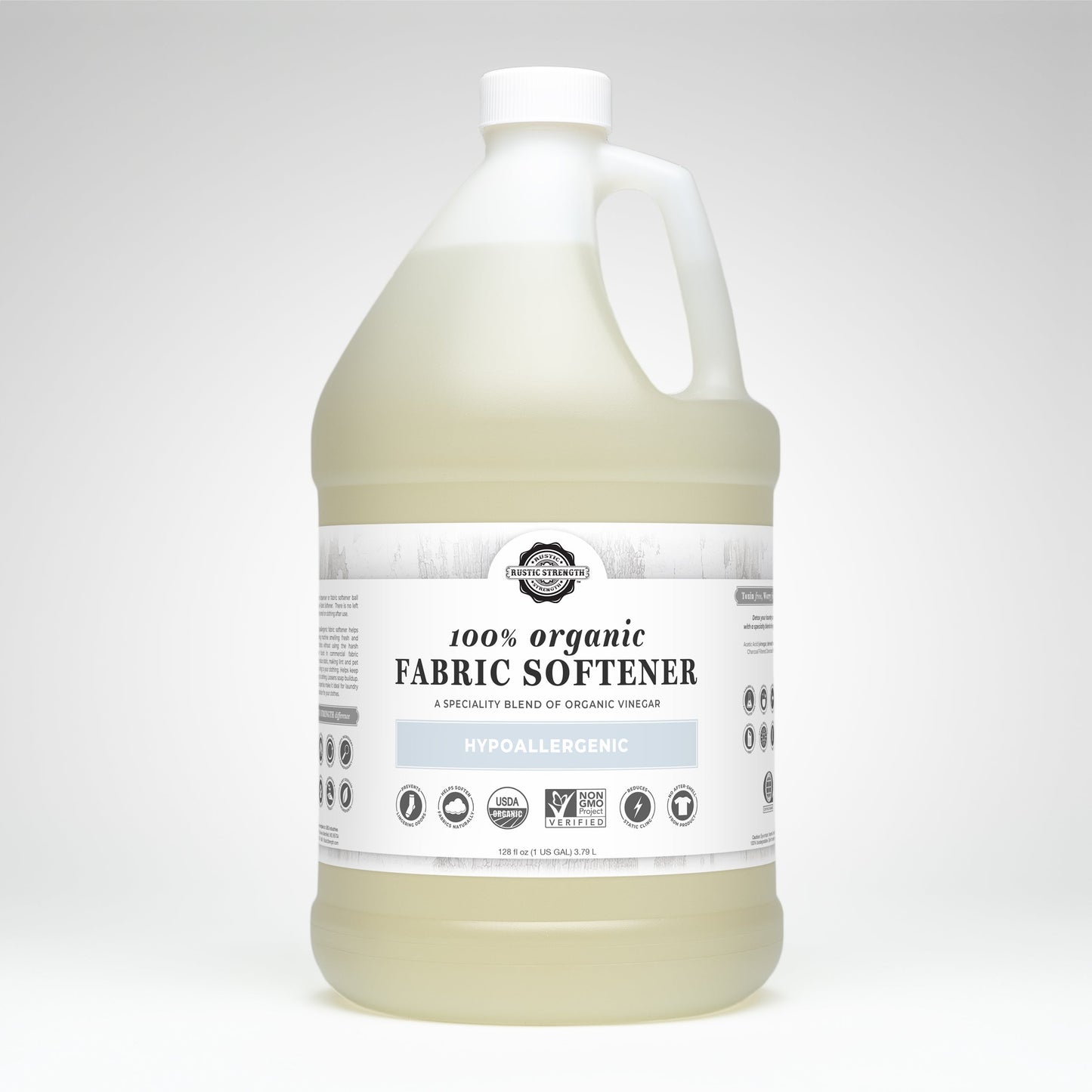 Rustic Strength Organic Fabric Softener in a 24 oz glass bottle, used for softening laundry naturally.