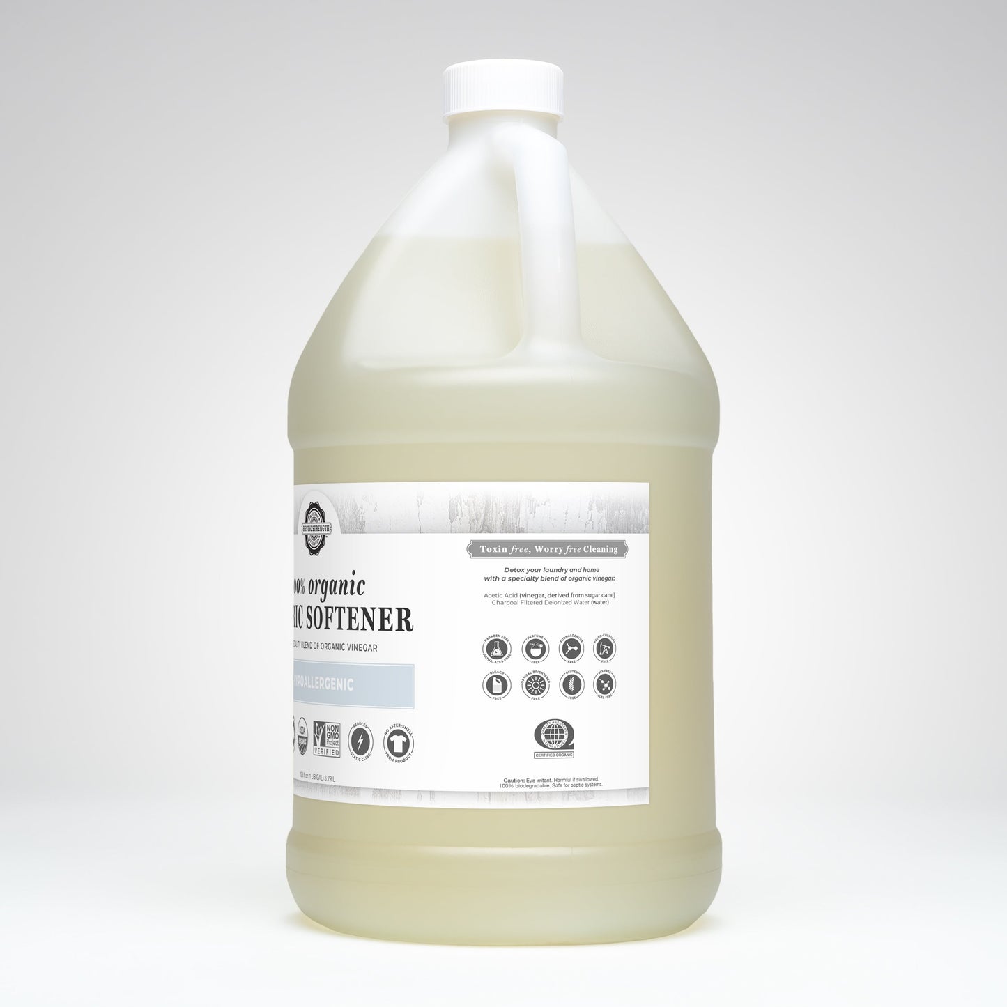 Rustic Strength Organic Fabric Softener in a 24 oz glass bottle, natural laundry softener for fresh, soft clothing.