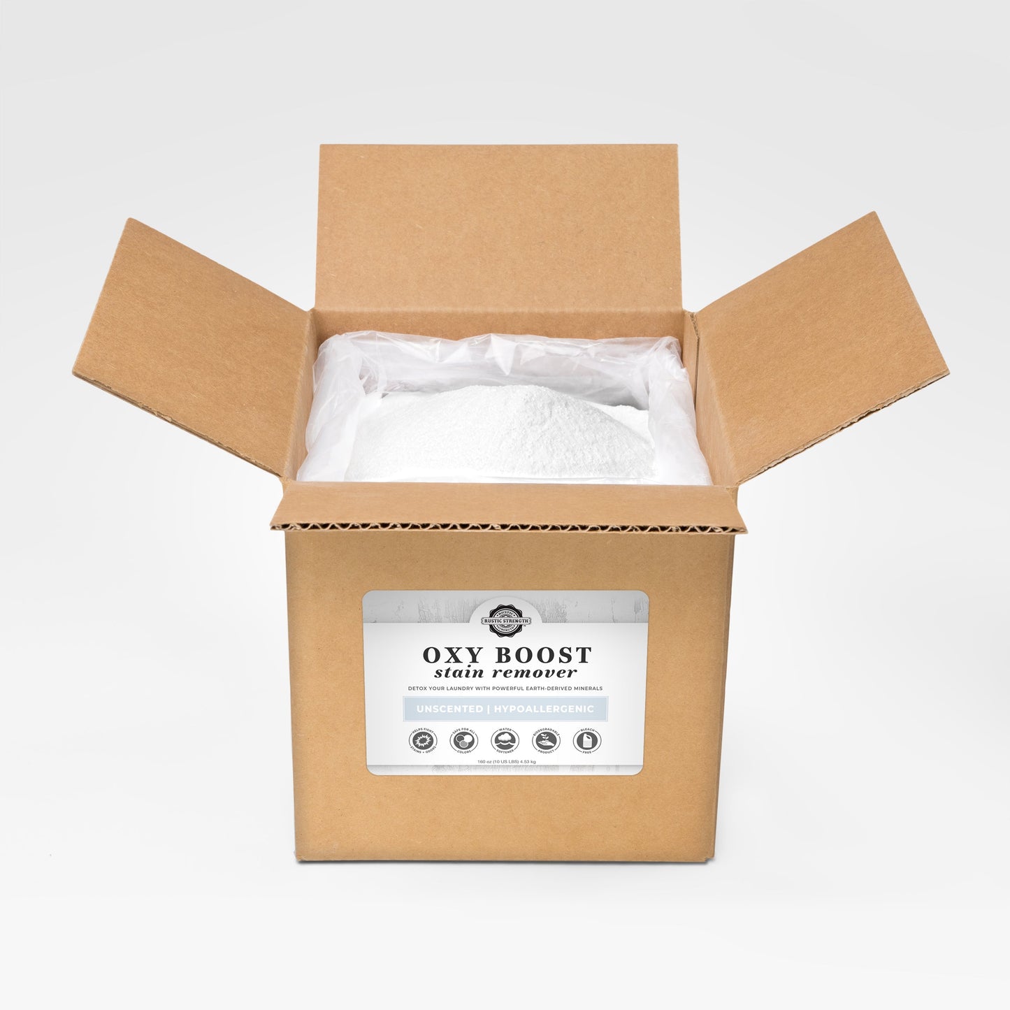 An open Rustic Strength Oxy Boost Stain Remover box filled with white powder displays unscented, hypoallergenic, and toxin-free icons—ideal for multiple uses, including as a hard water softener.