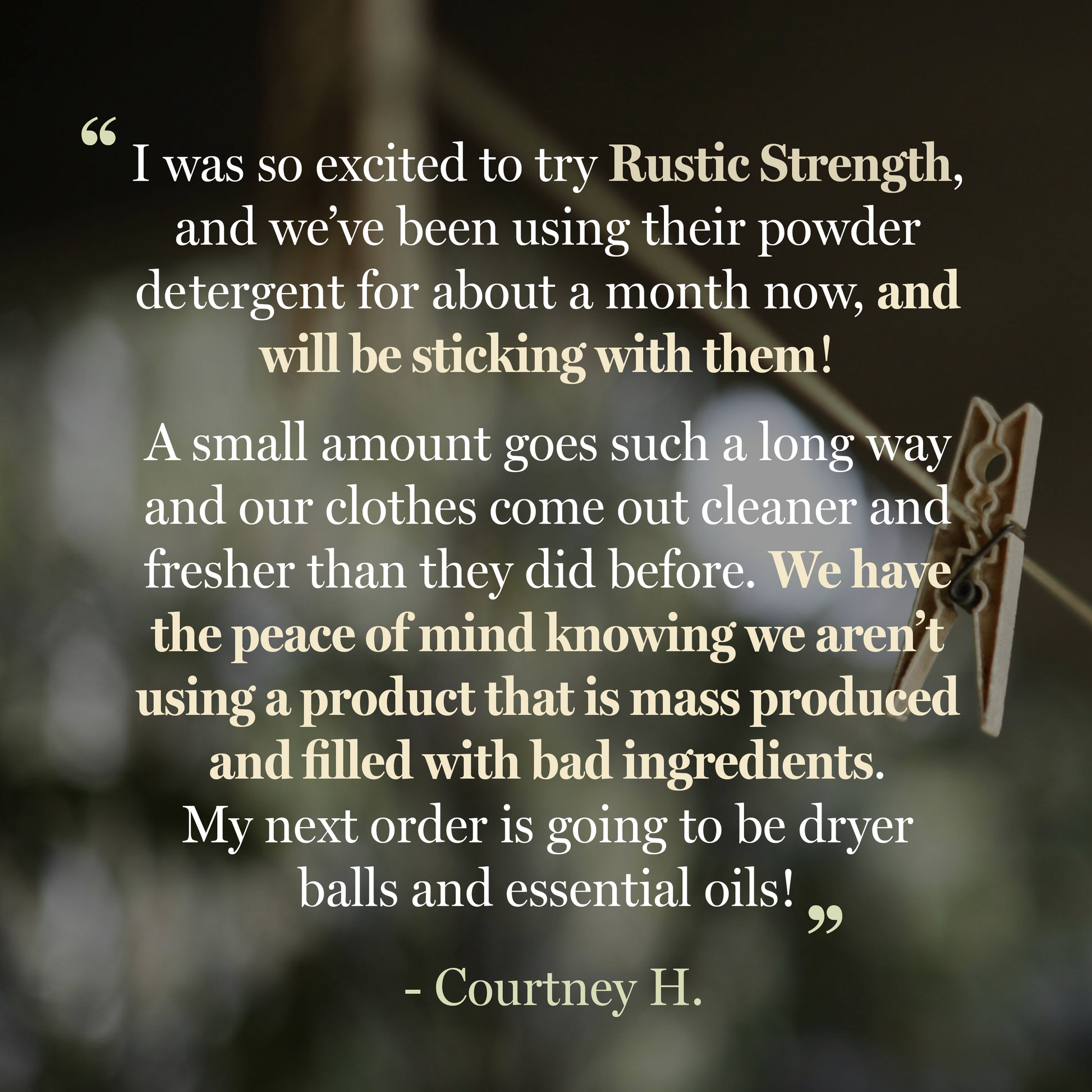 A satisfied customer praises Rustic Strength’s Powder Laundry Detergent for its purity and impressive cleaning power, with laundry results that truly shine. The background shows sunlit clothes drying on a line, a wooden clothespin in clear focus.