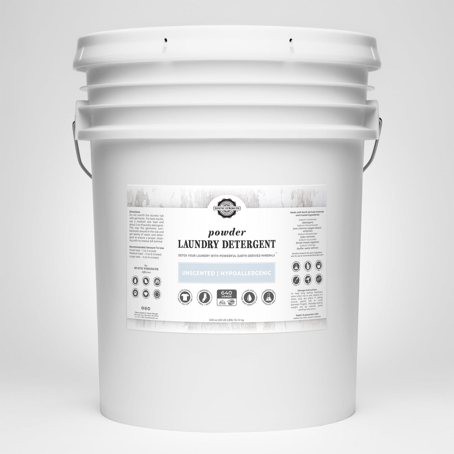 Rustic Strength Powder Laundry Detergent comes in a large white plastic bucket with handle and label, is hypoallergenic, unscented, suitable for high-efficiency washers, and safe for sensitive skin.
