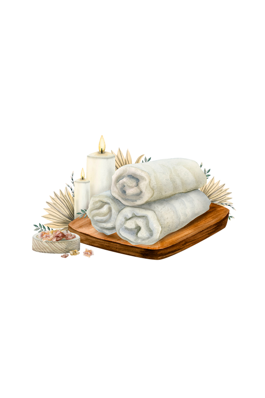 Three rolled white towels on a wooden tray with lit candles, bath salts, and dried leaves create a relaxing spa setting enhanced by Rustic Strength Laundry Detergent | Fresh Linen.