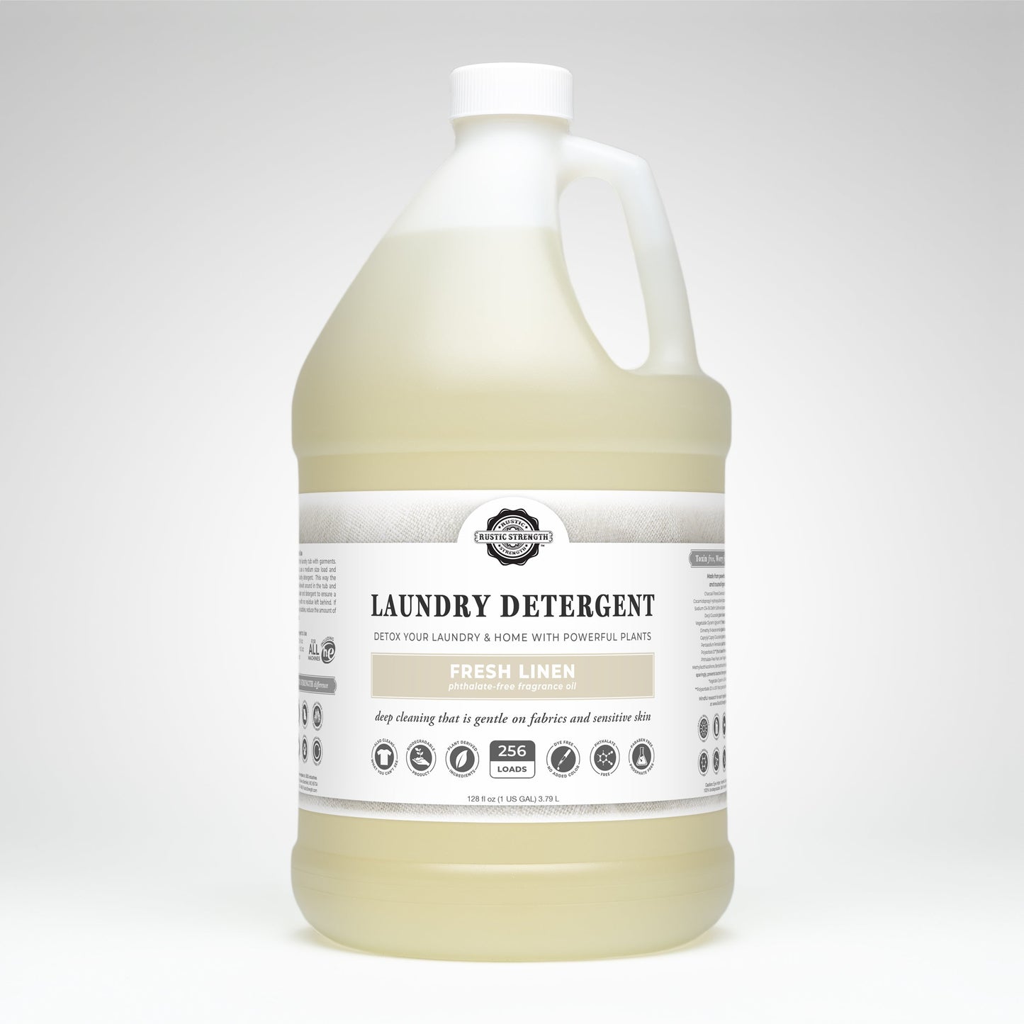 Rustic Strength Laundry Detergent | Fresh Linen: Large plastic jug with handle and white cap; plant-based, hypoallergenic, gentle on fabrics, suitable for sensitive skin; enough for 256 loads.